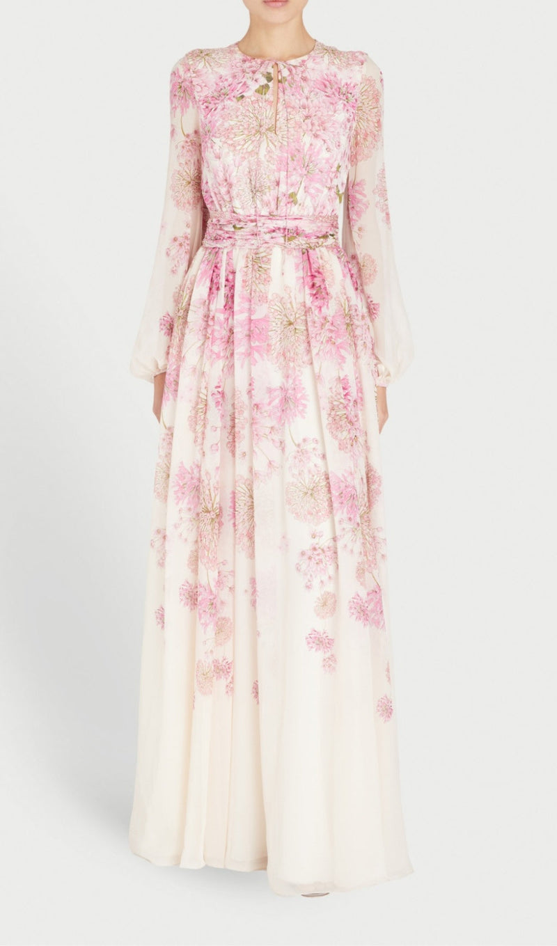 LACE-UP LANTERN SLEEVE FLOWERS PRINT MAXI DRESS