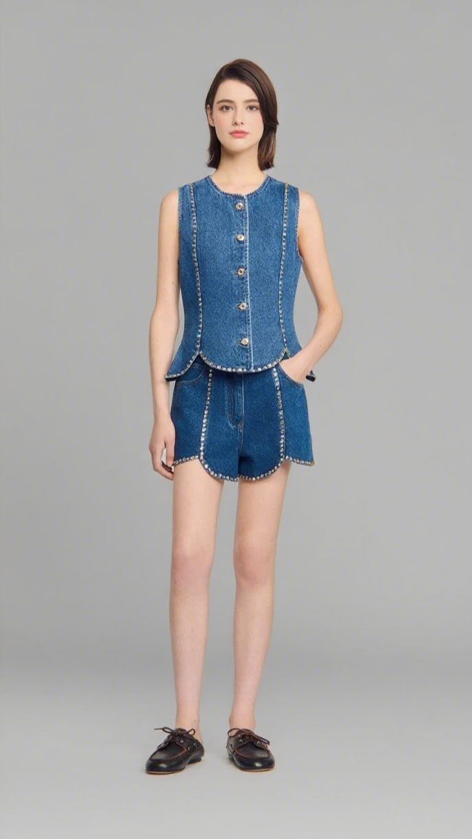 Rhinestone Denim Top in Blue