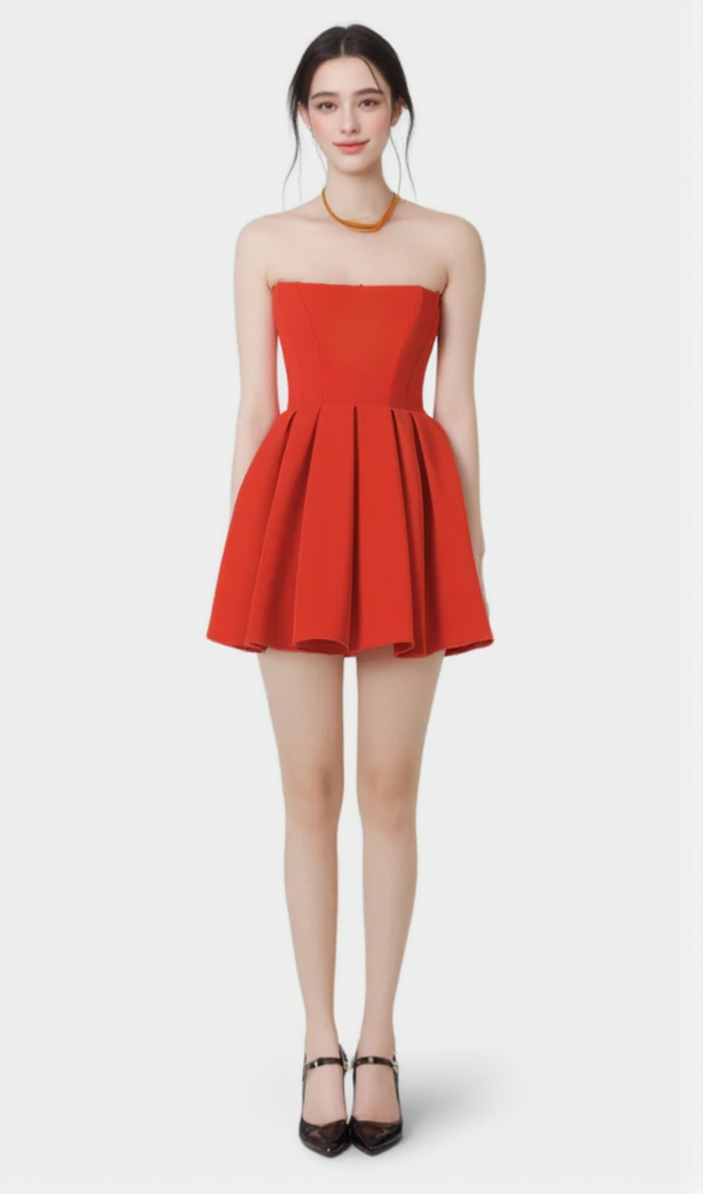 tomato red strapless pleated mini dress