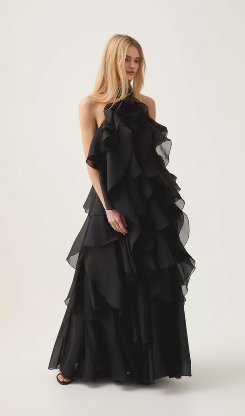 halterneck flounced maxi dress in black