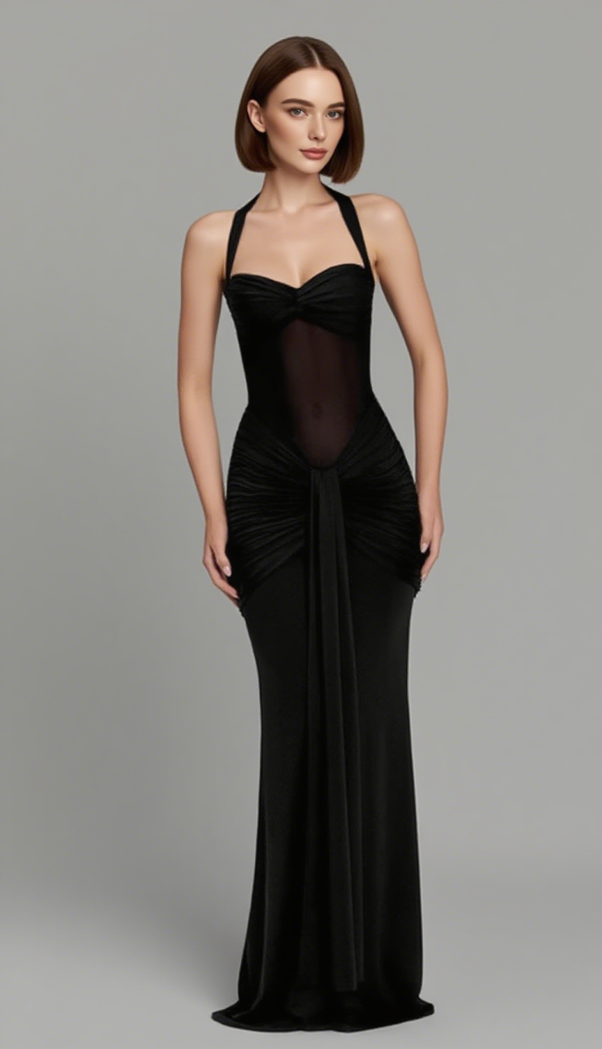 Halter Neck Twist Cutout Ruched Maxi Dress in Black