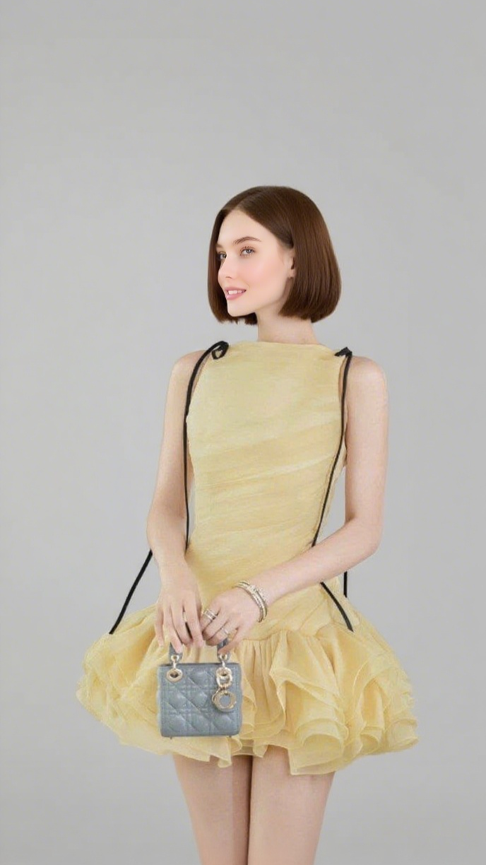 ruched ruffle hem sleeveless mini dress in yellow