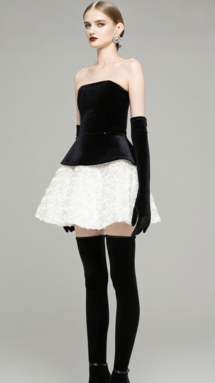 Velvet & 3D Floral Strapless Mini Dress Set - Black & White