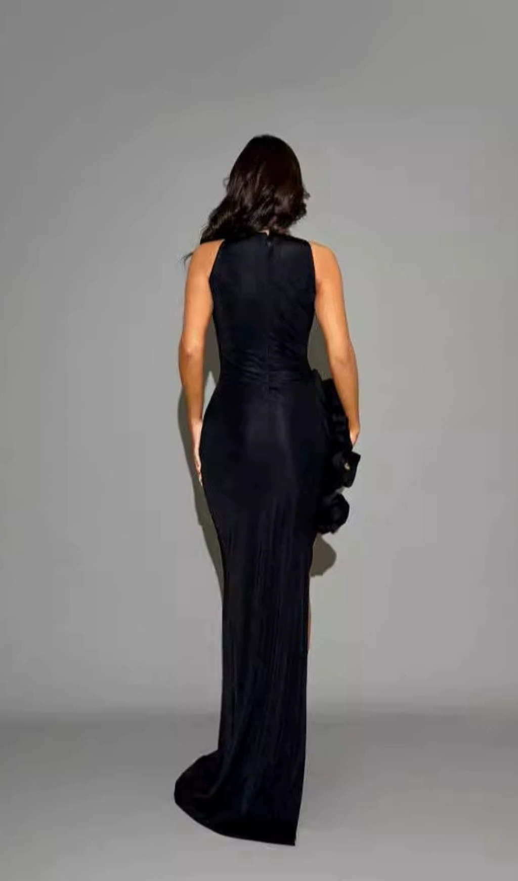 HALTER FLOWER SLIT MAXI DRESS IN BLACK
