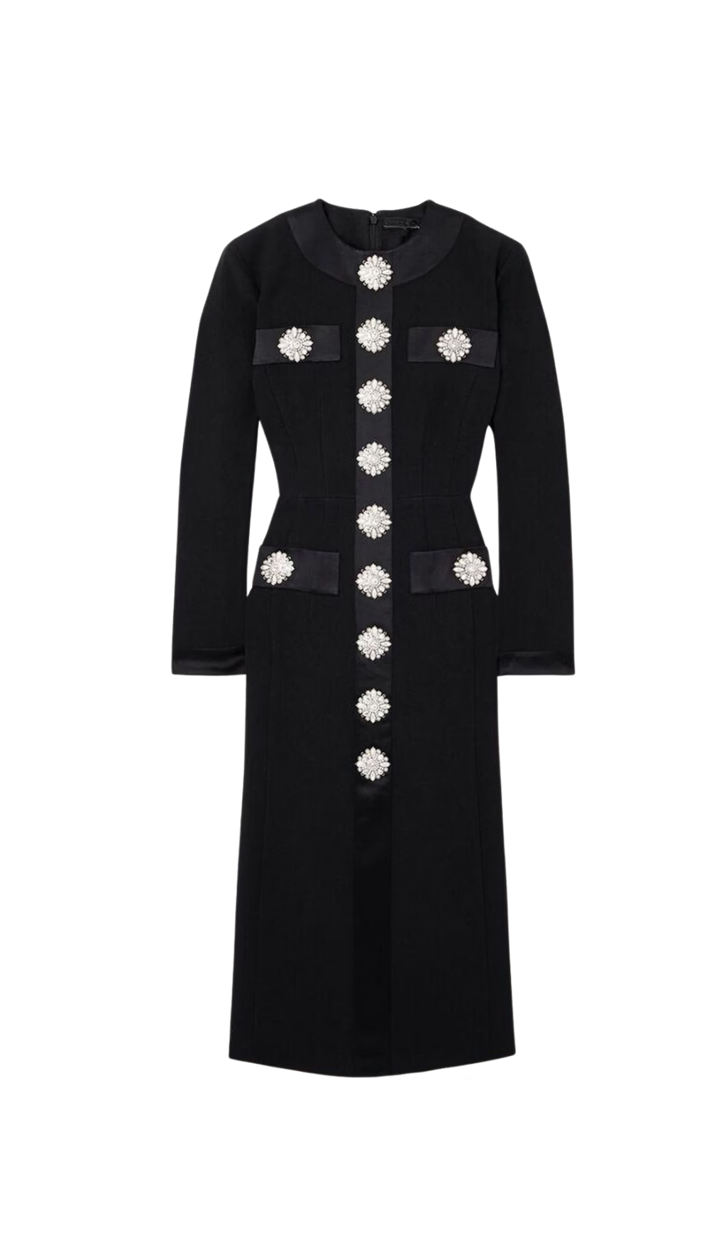 Crystal embellished satin-trimmed crepe midi dress in black