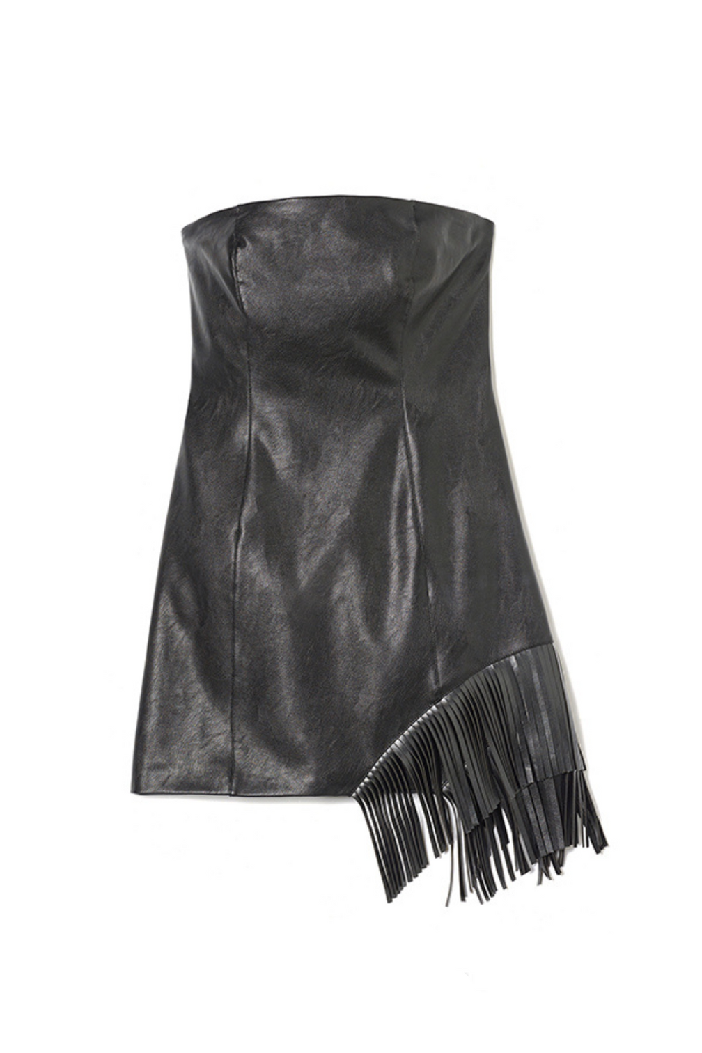 black Asymmetric fringed hem strapless leather skirt