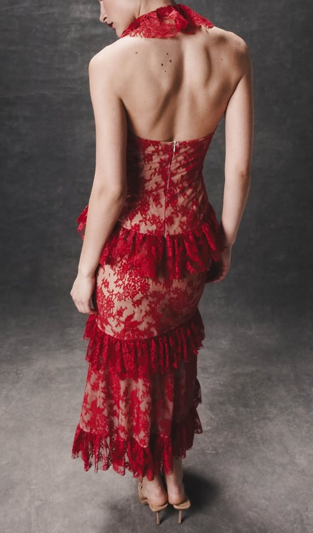 Eavan Red Halter Lace Midi Dress