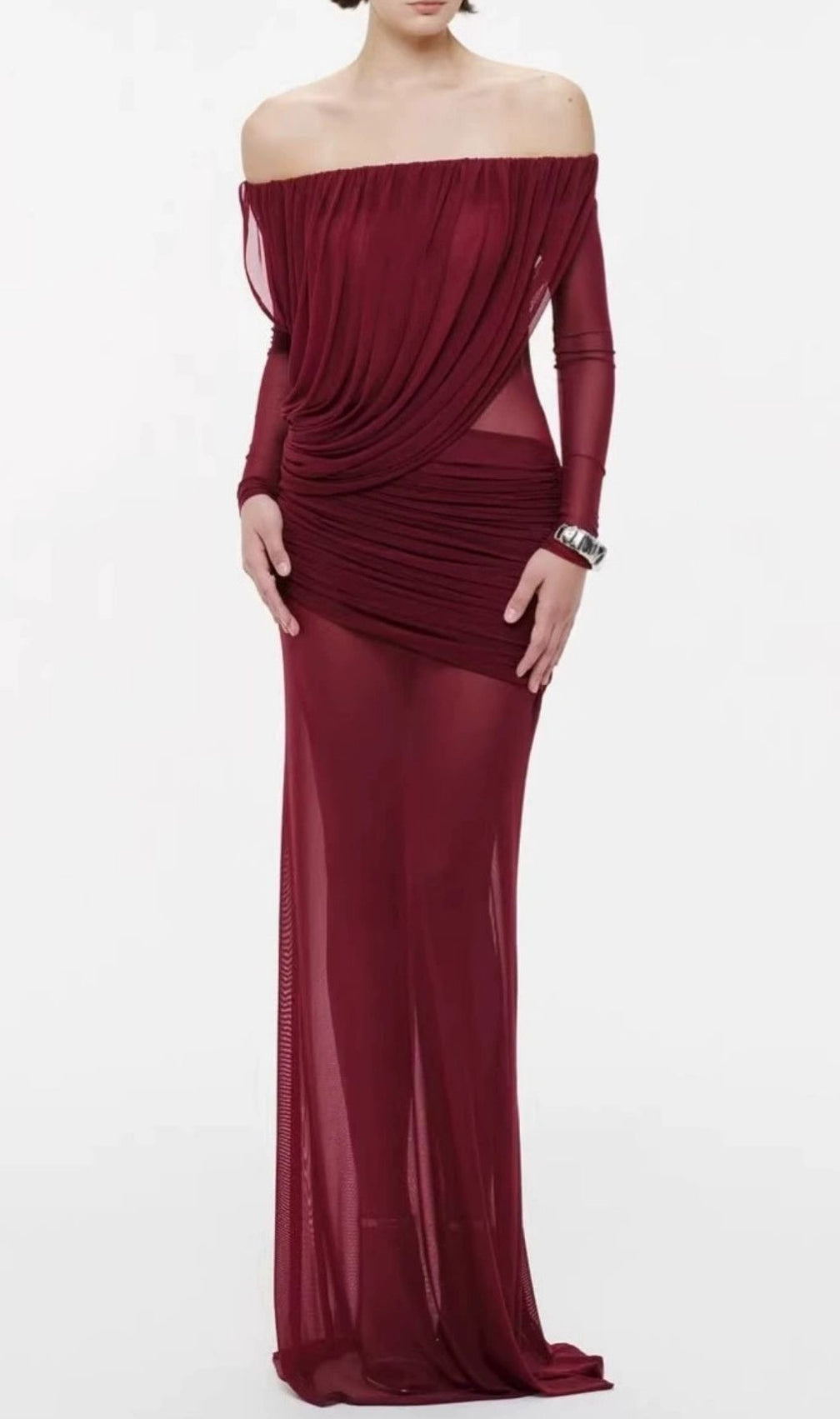 Keely Elegant Off-Shoulder Long Sleeve Mesh Maxi Dress | Evening Gala Gown