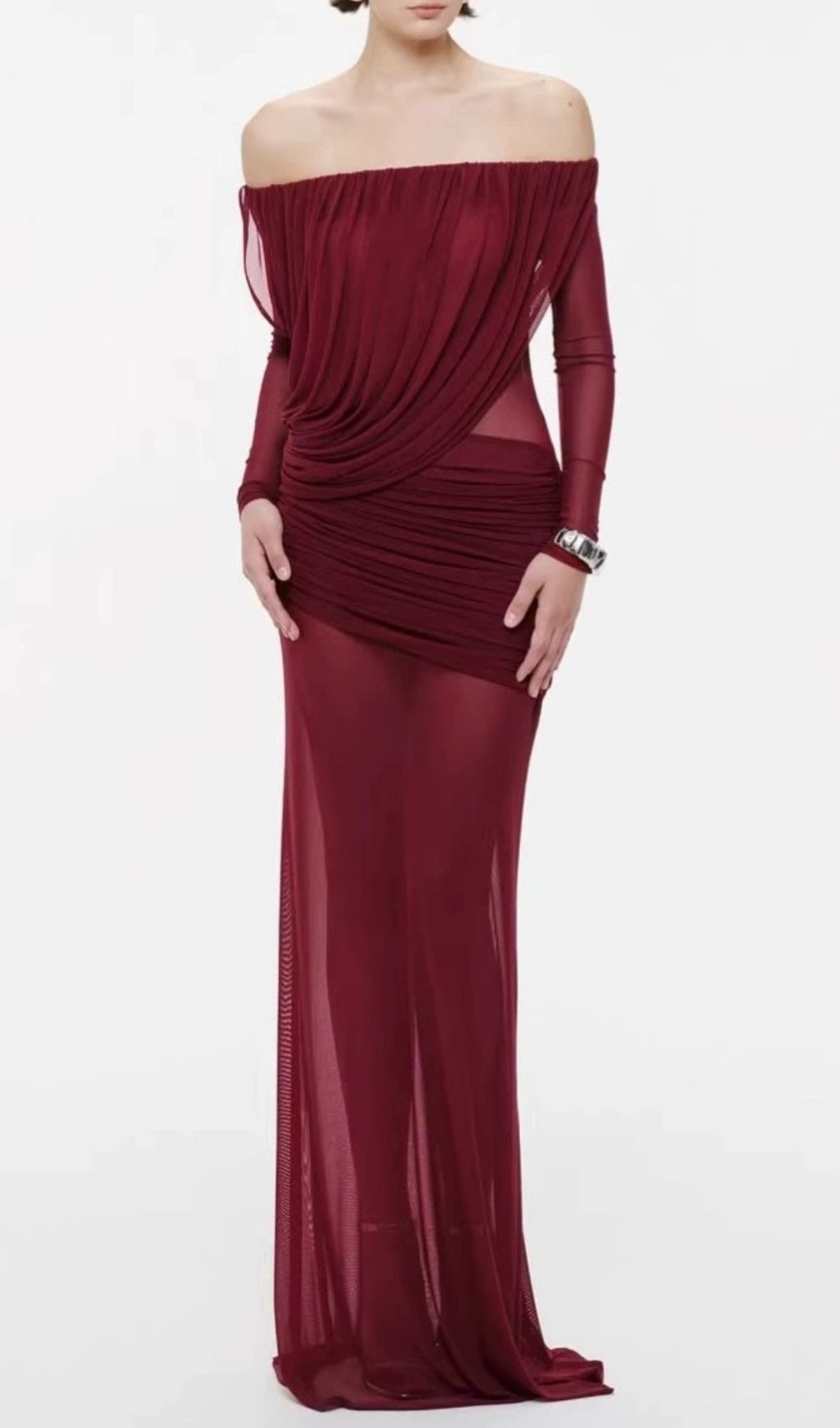 Keely Elegant Off-Shoulder Long Sleeve Mesh Maxi Dress | Evening Gala Gown