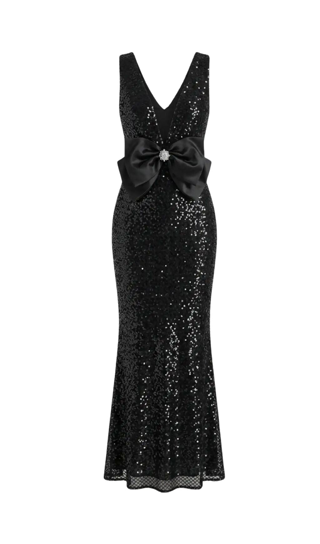 Sequin Maxi Dress With Satin Bow Detail - Black
