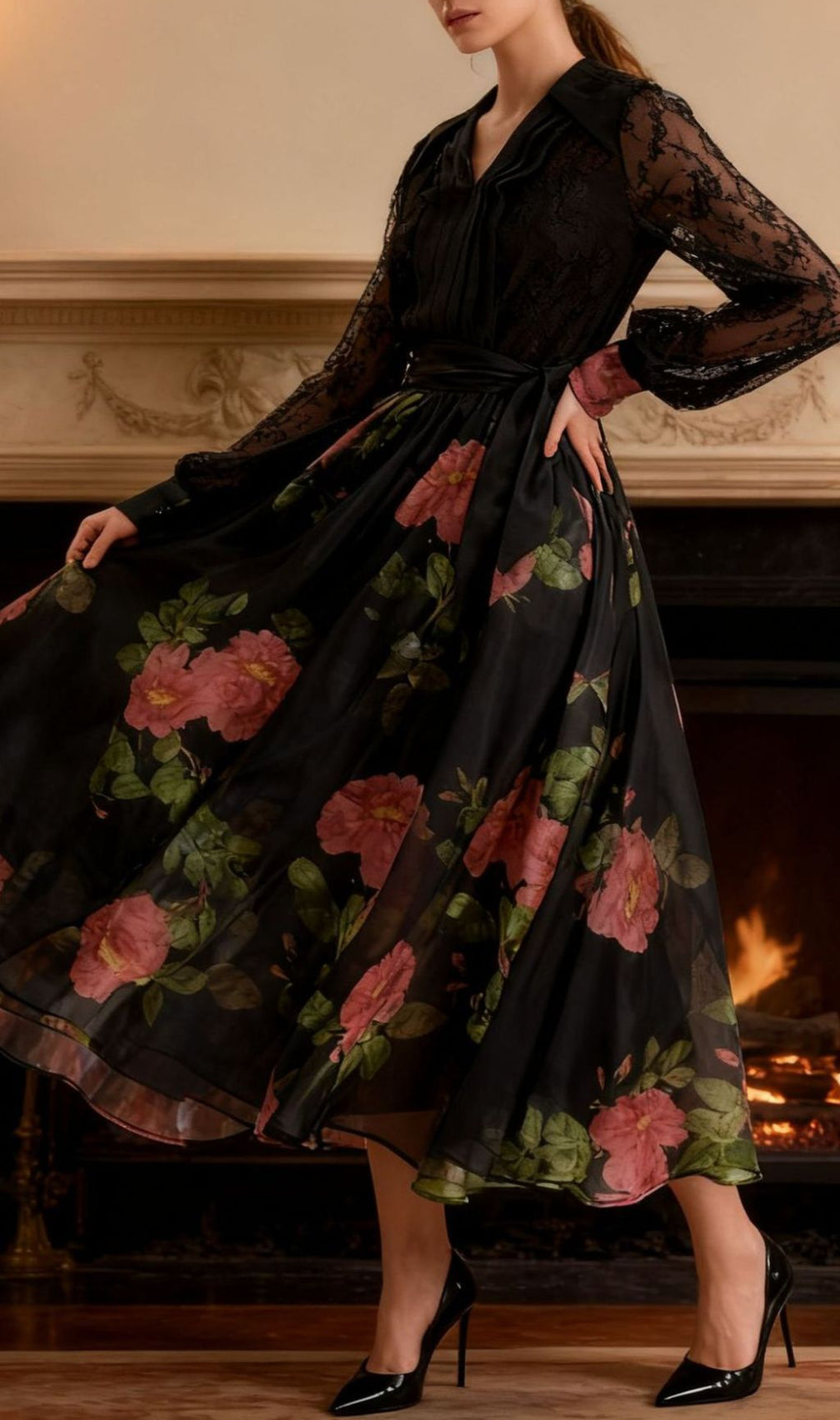 Isaye Elegant Black Floral Lace Midi Dress - Long Sleeve Wrap Style