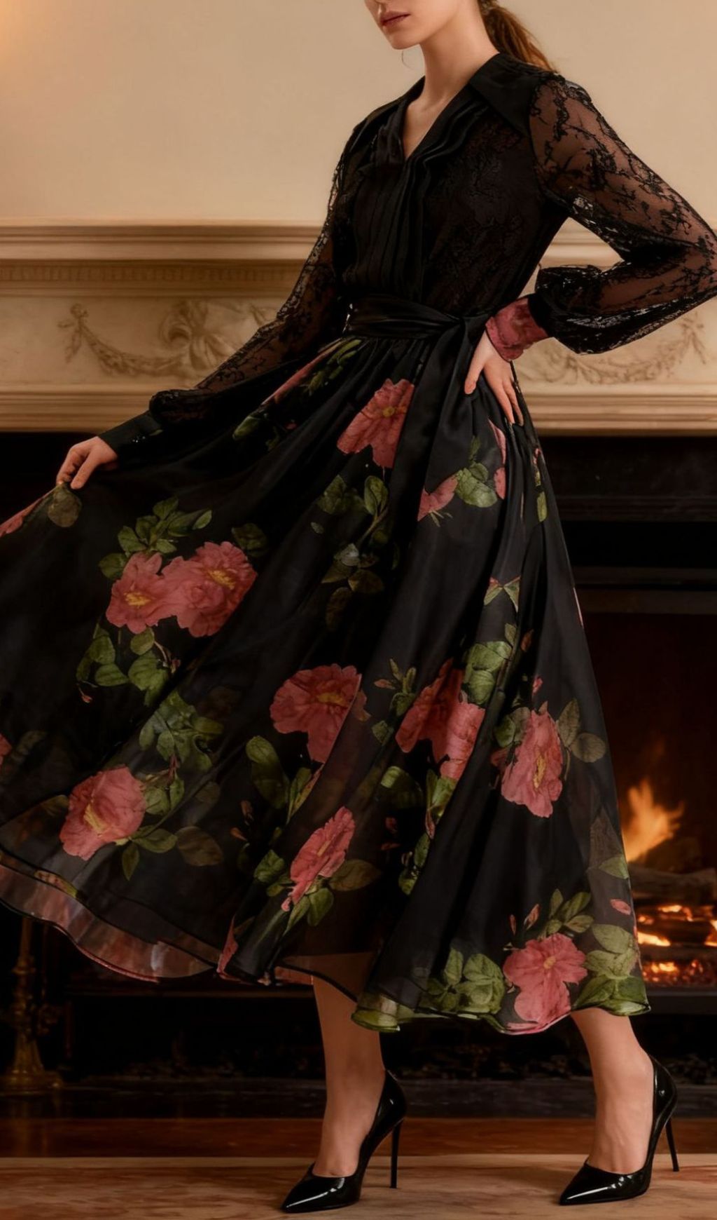 Isaye Elegant Black Floral Lace Midi Dress - Long Sleeve Wrap Style