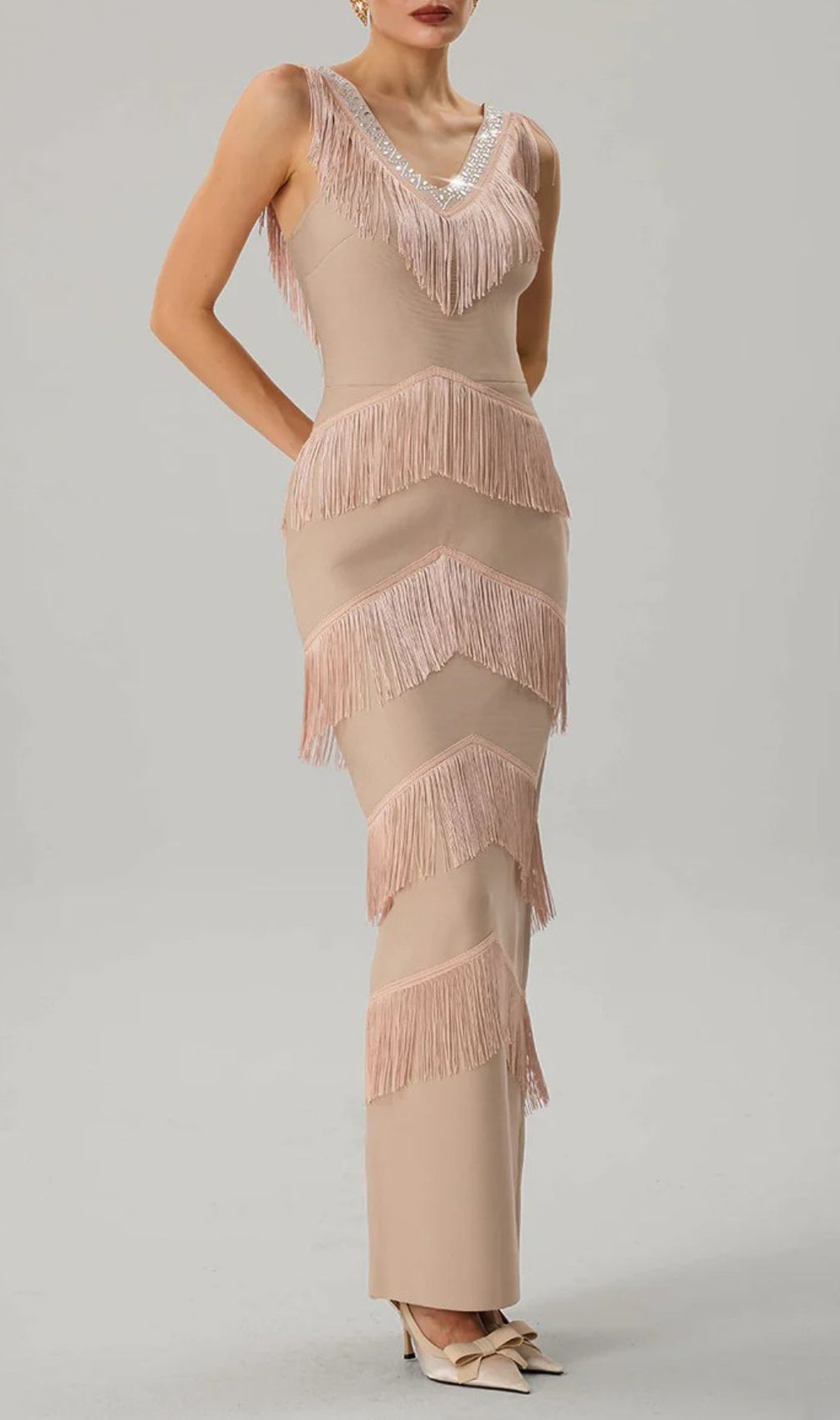 Kaleidrix V Neck Fringe Split Bandage Maxi Dress