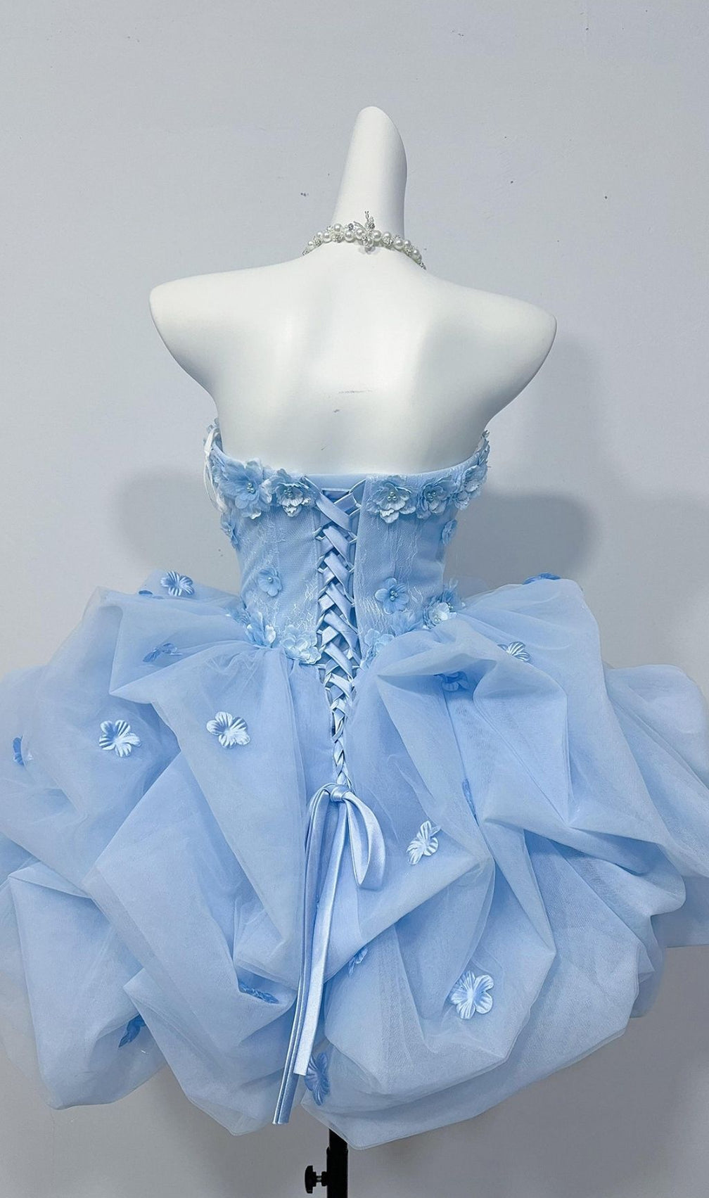 Krista Blue Strapless Flower Mini Dress