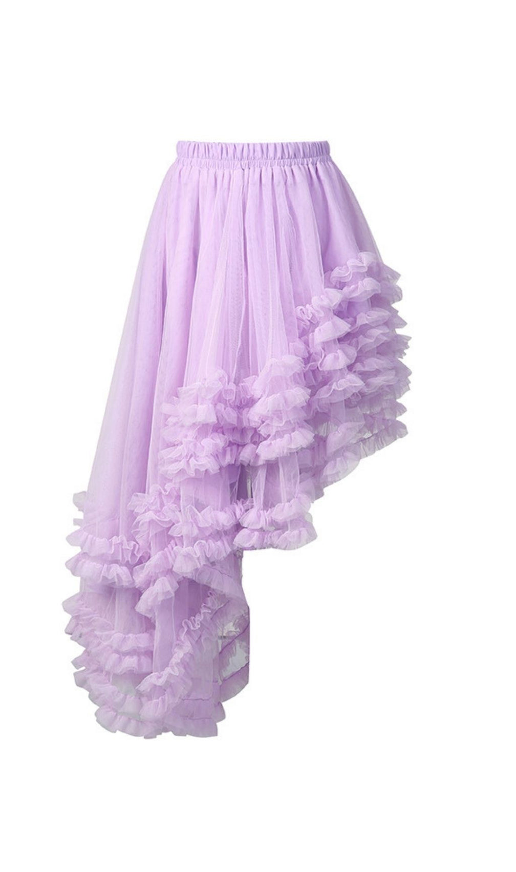 Kaylan Lavender Ruffled High-Low Mesh Midi Skirt