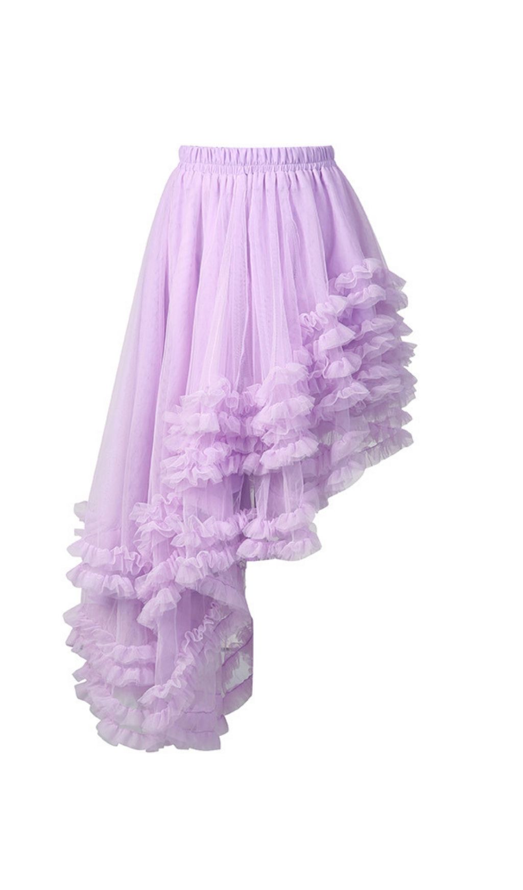 Kaylan Lavender Ruffled High-Low Mesh Midi Skirt