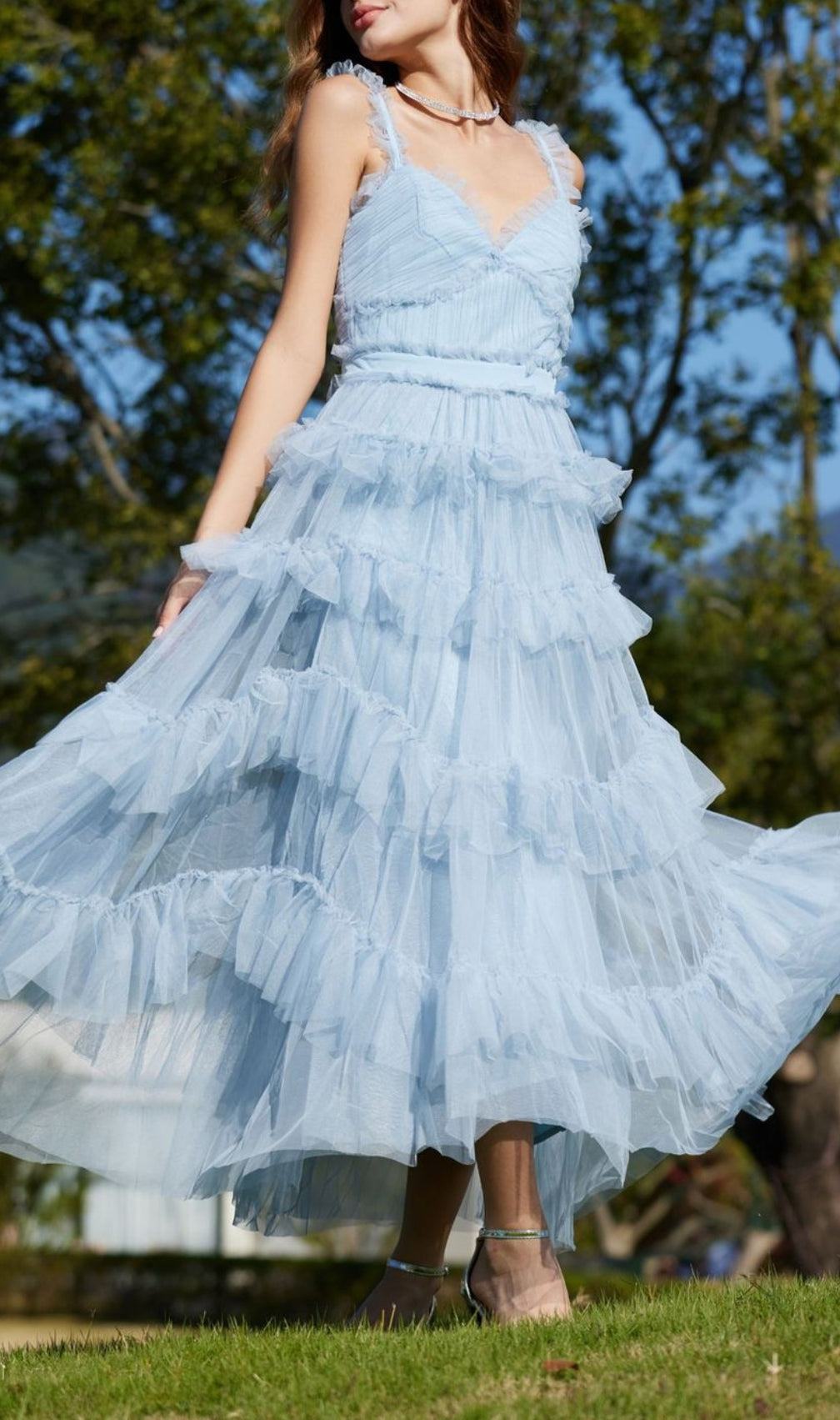 Blue Ruffle V Neck Sleeveless Tiered Tulle Maxi Dress