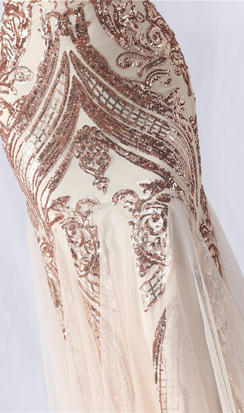 Choire Champagne Sequin Feather Maxi Dress