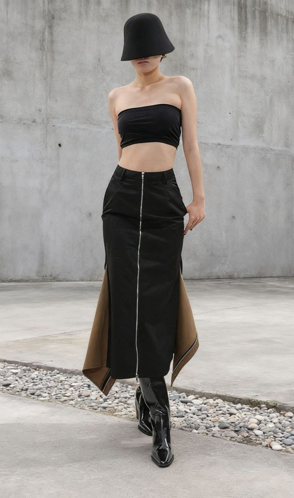 Idonia Two-Tone Zipper-Front Midi Skirt - Modern Black Chic