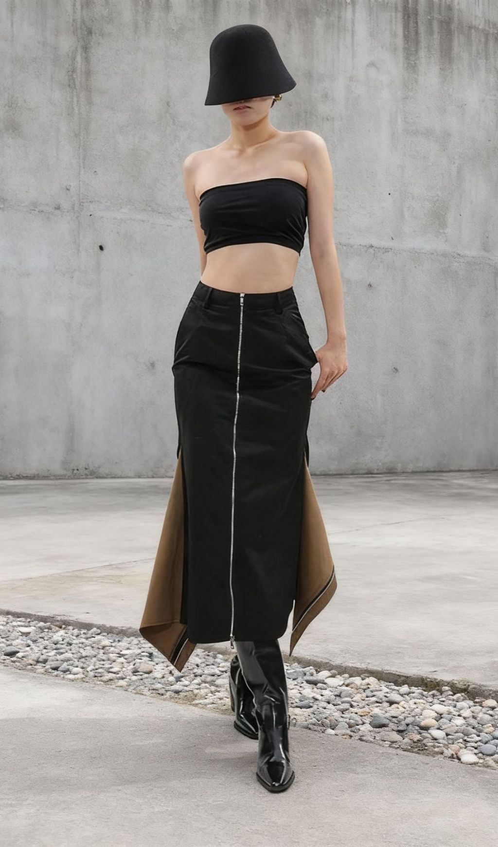 Idonia Two-Tone Zipper-Front Midi Skirt - Modern Black Chic