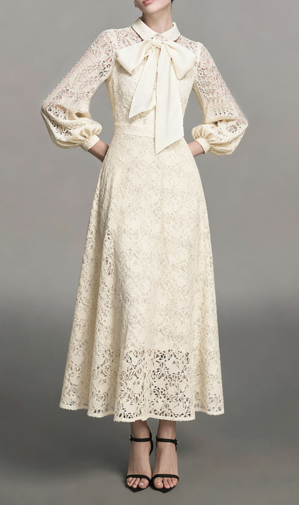 Issay Elegant Lace Maxi Dress with Statement Bow | Long Sleeve Formal Gown