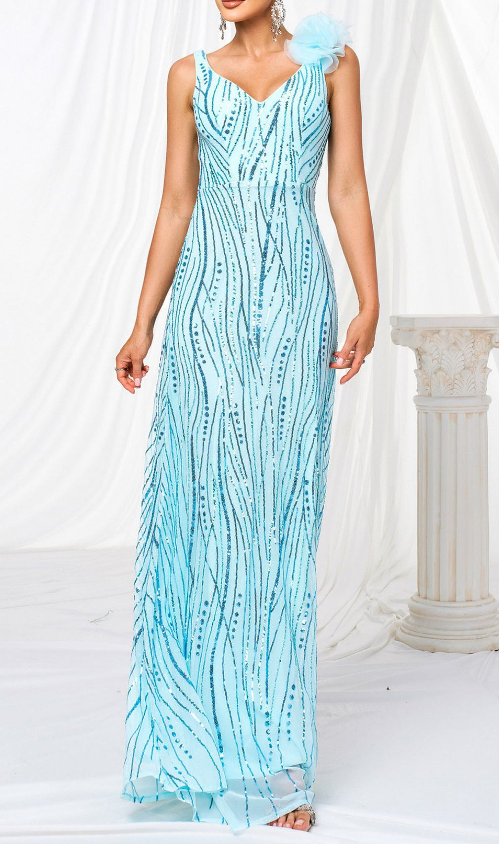 Fia Blue V-Neck Sequin Maxi Dress