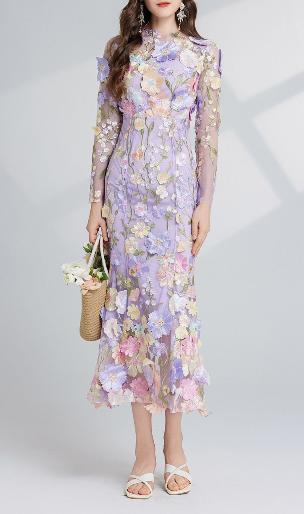 Carol Purple Floral Embroidery Mesh Fishtail Long Sleeve Midi Dress