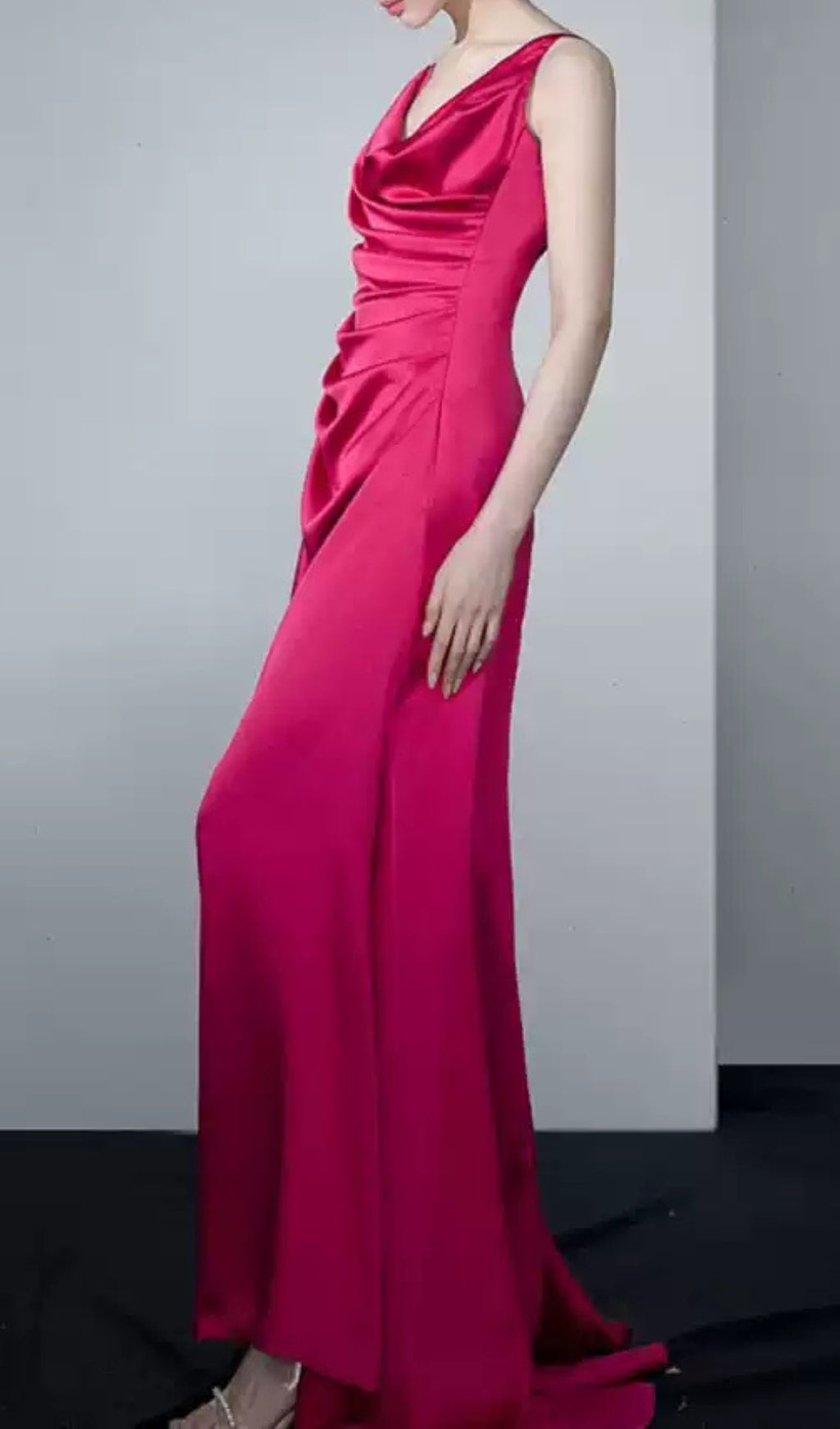 Cocheta Rose Red Ruched Satin Maxi Dress