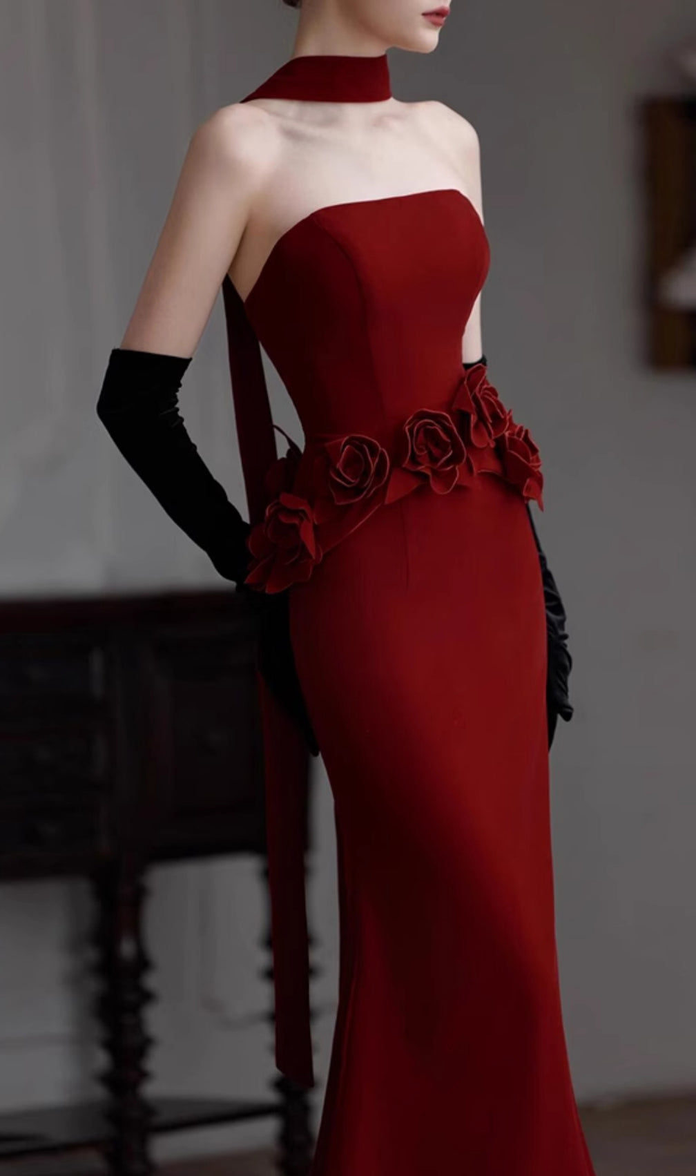 Edena Red Strapless Flower Maxi Dress