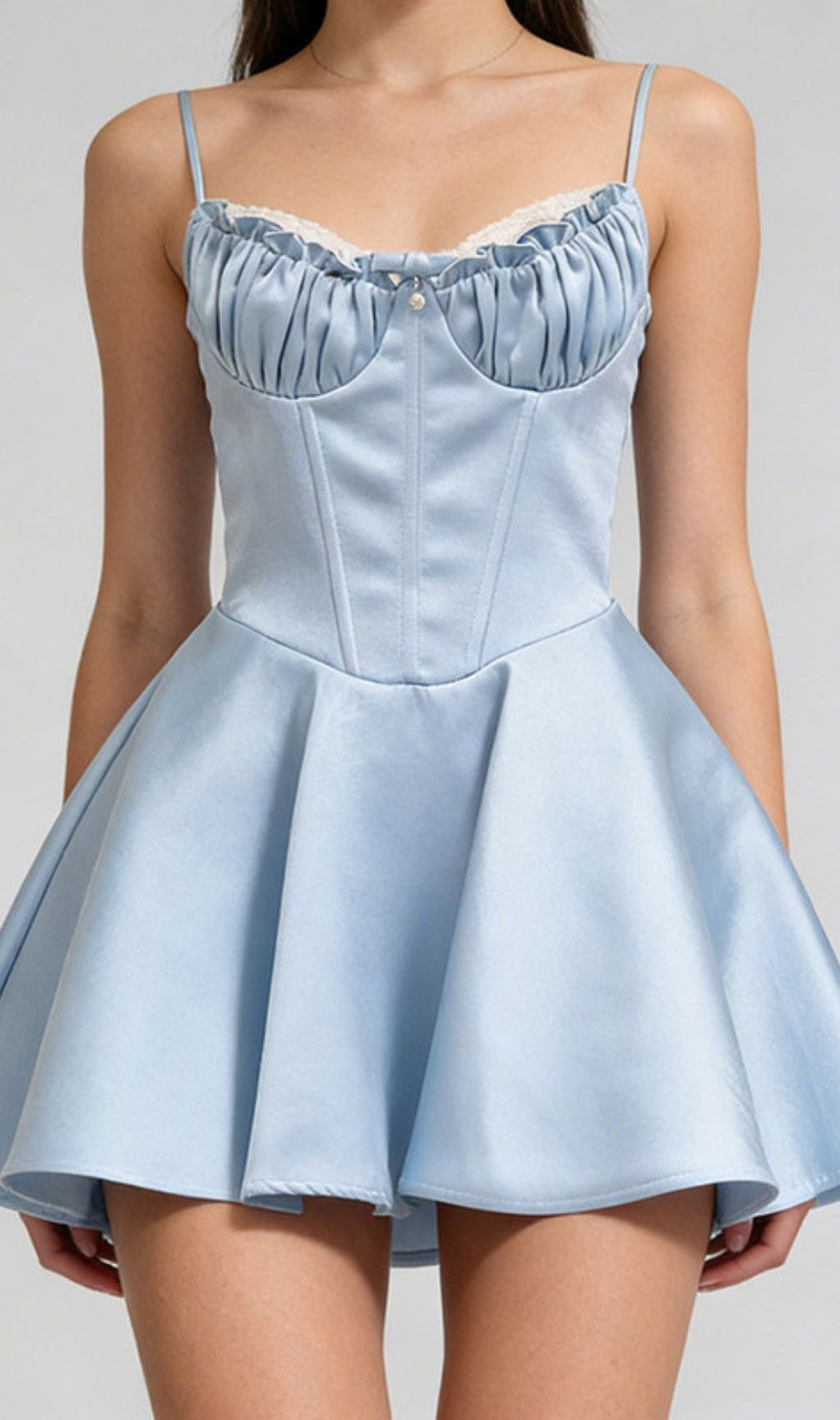 Kelsy Ethereal Blue Satin Corset Mini Dress with Lace Trim