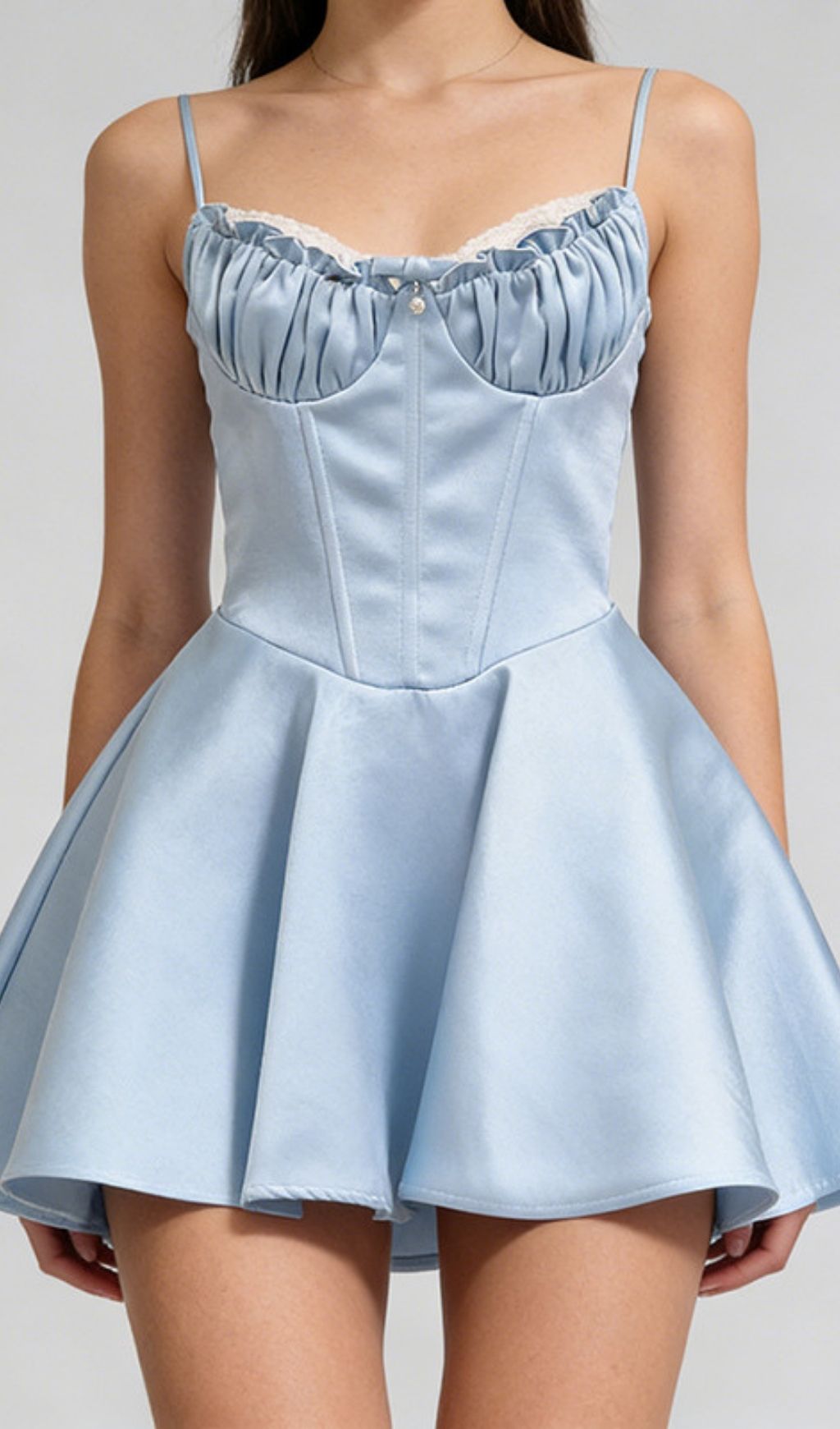 Kelsy Ethereal Blue Satin Corset Mini Dress with Lace Trim