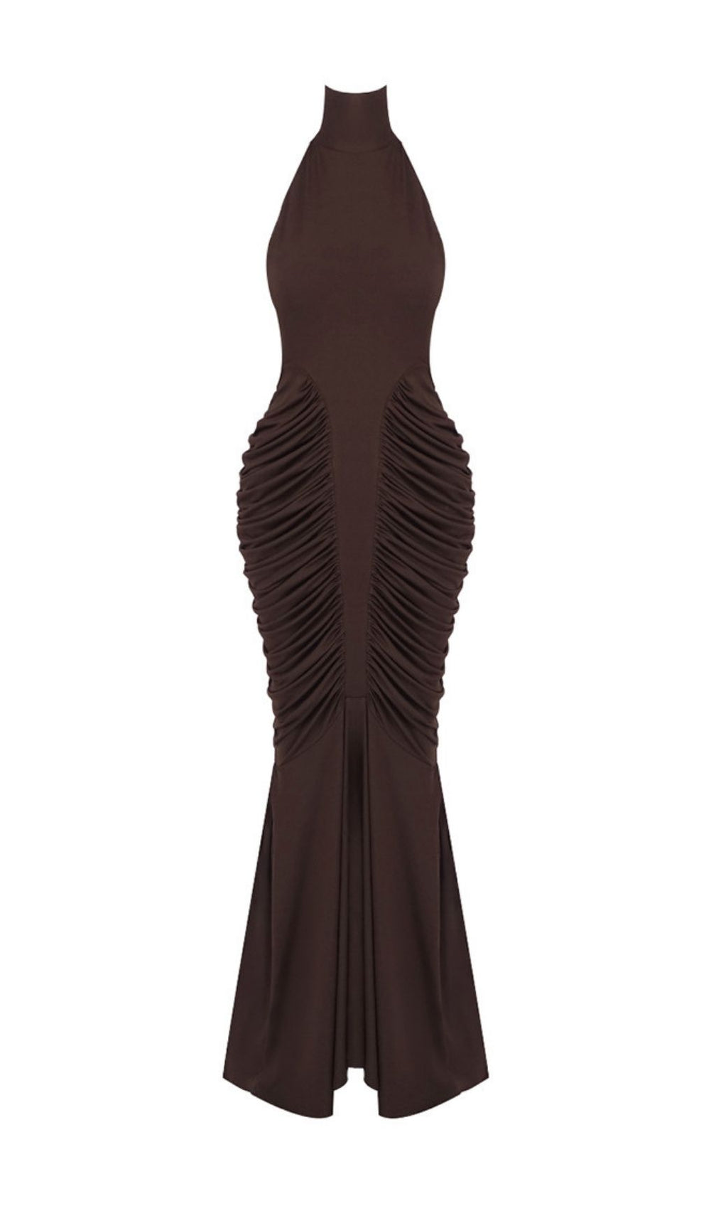 Kataleya Chic Brown Halter Ruched Maxi Dress | Elegant Bodycon Gown