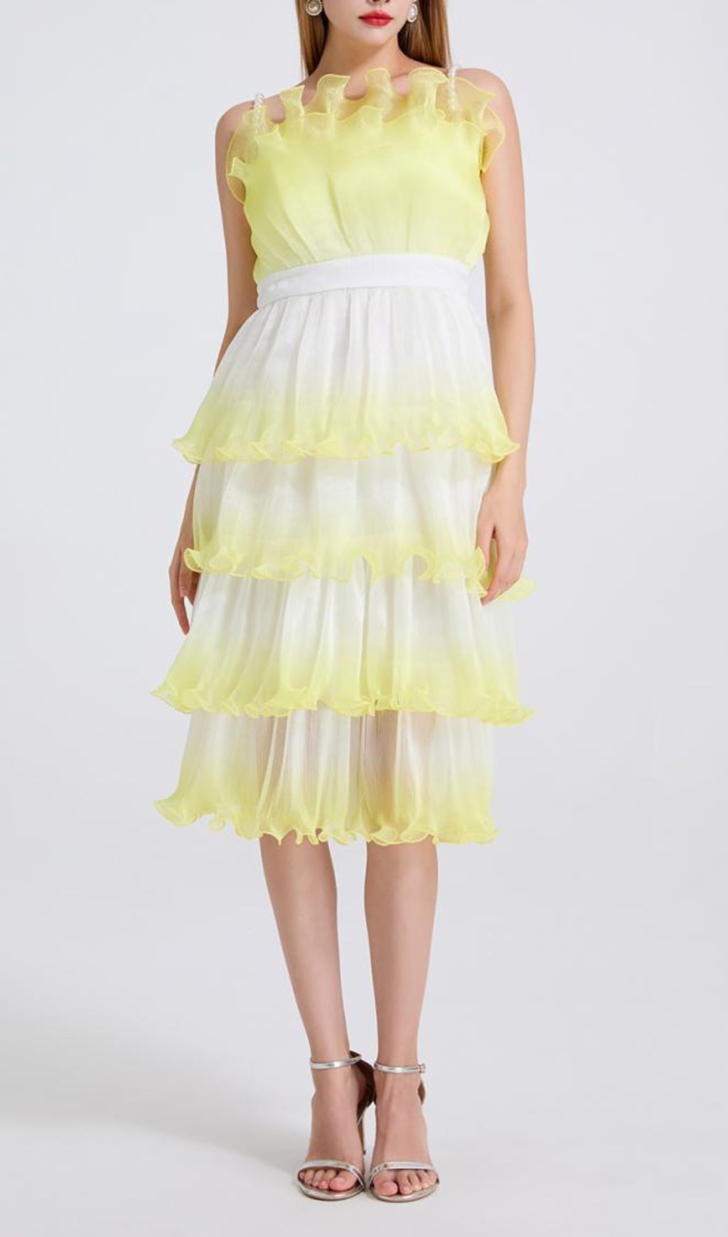 Fiene Yellow Strappy Cake Midi Dress