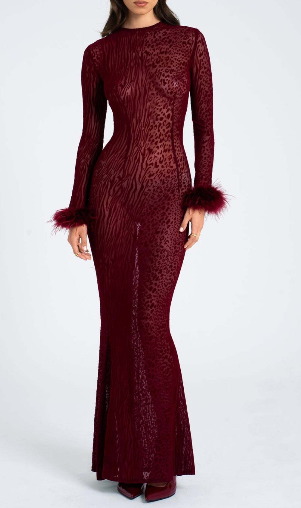 Cascata Wine Mesh Feather Maxi Dress