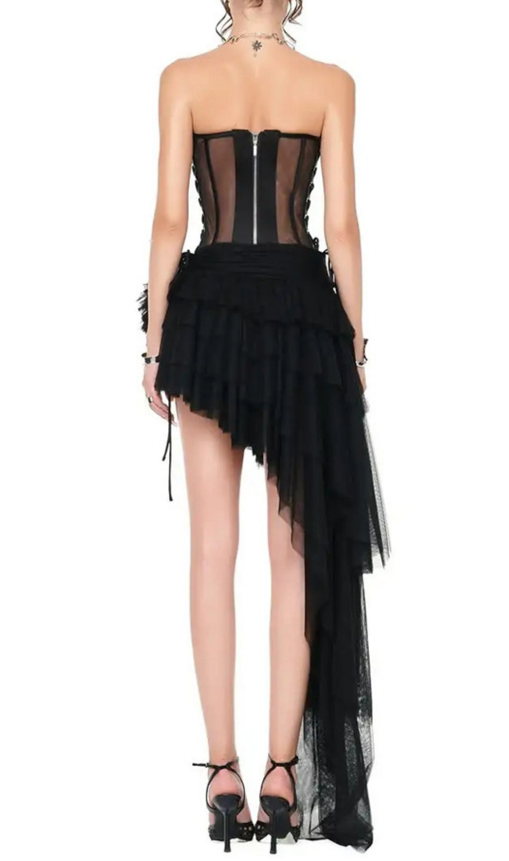Gaetana Black Corset Top & Irregular Mesh Skirt Set