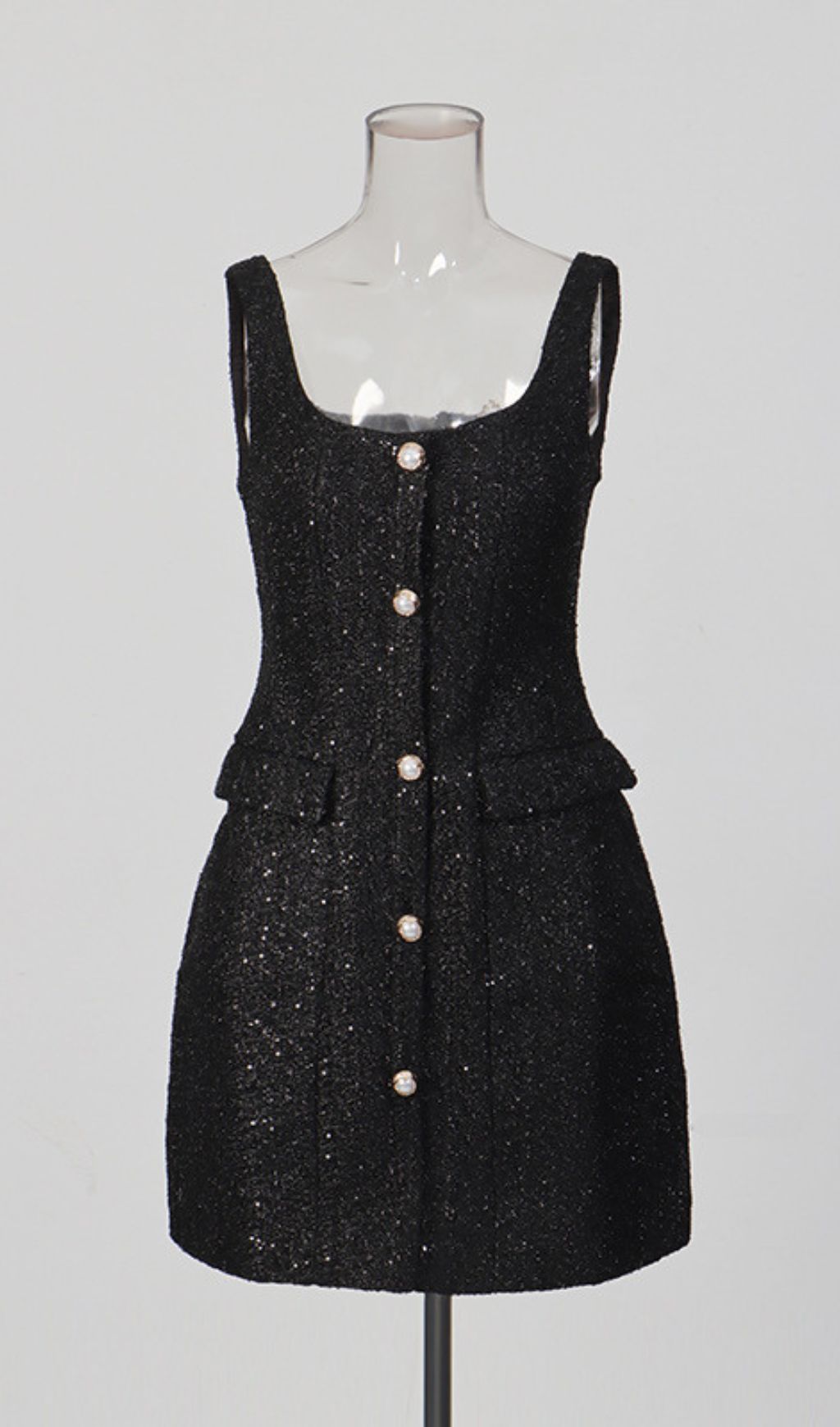 Kae Chic Black Textured Mini Dress with Pearl Buttons