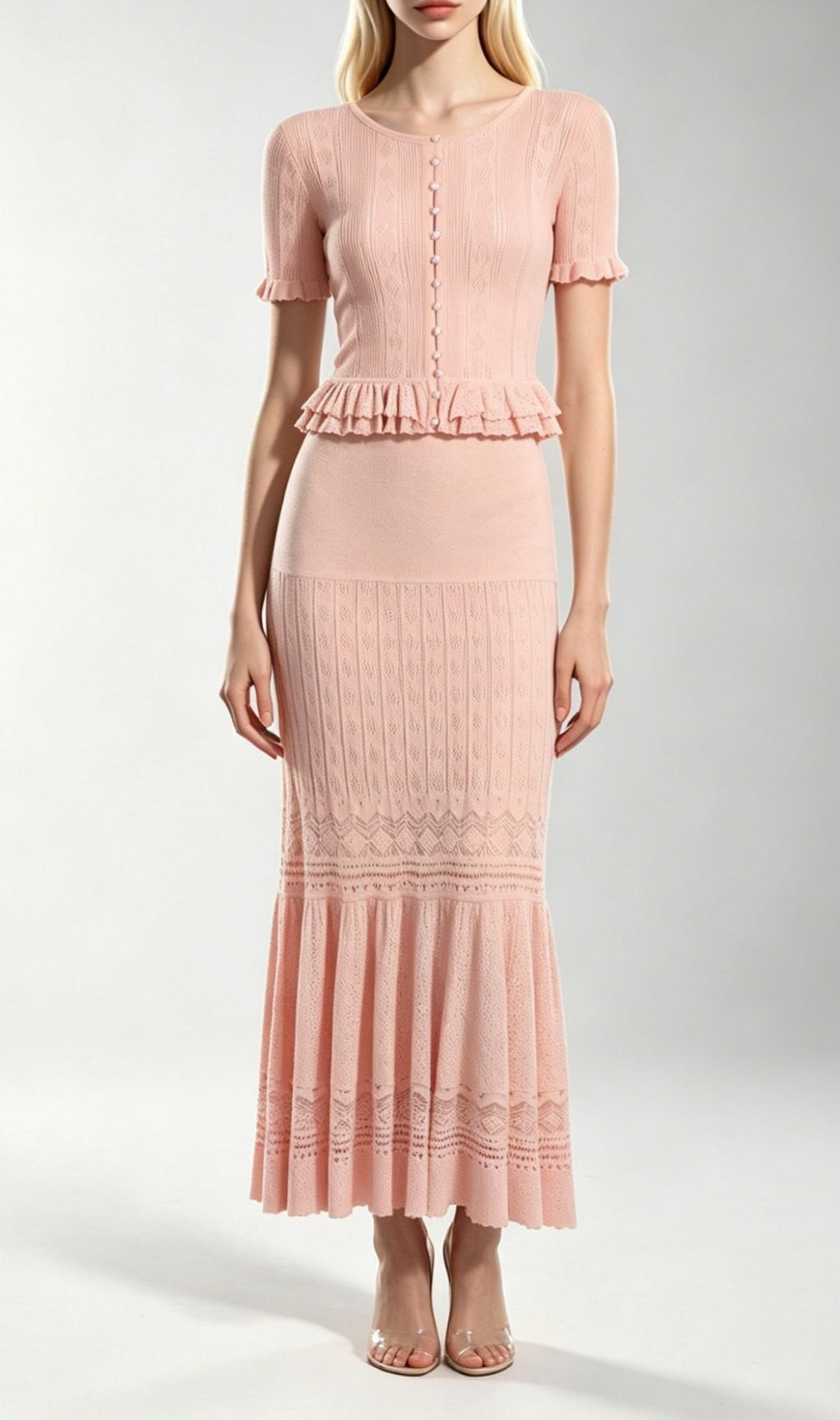 Kiely Chic Pink Knit Two-Piece Set - Peplum Top & Maxi Skirt
