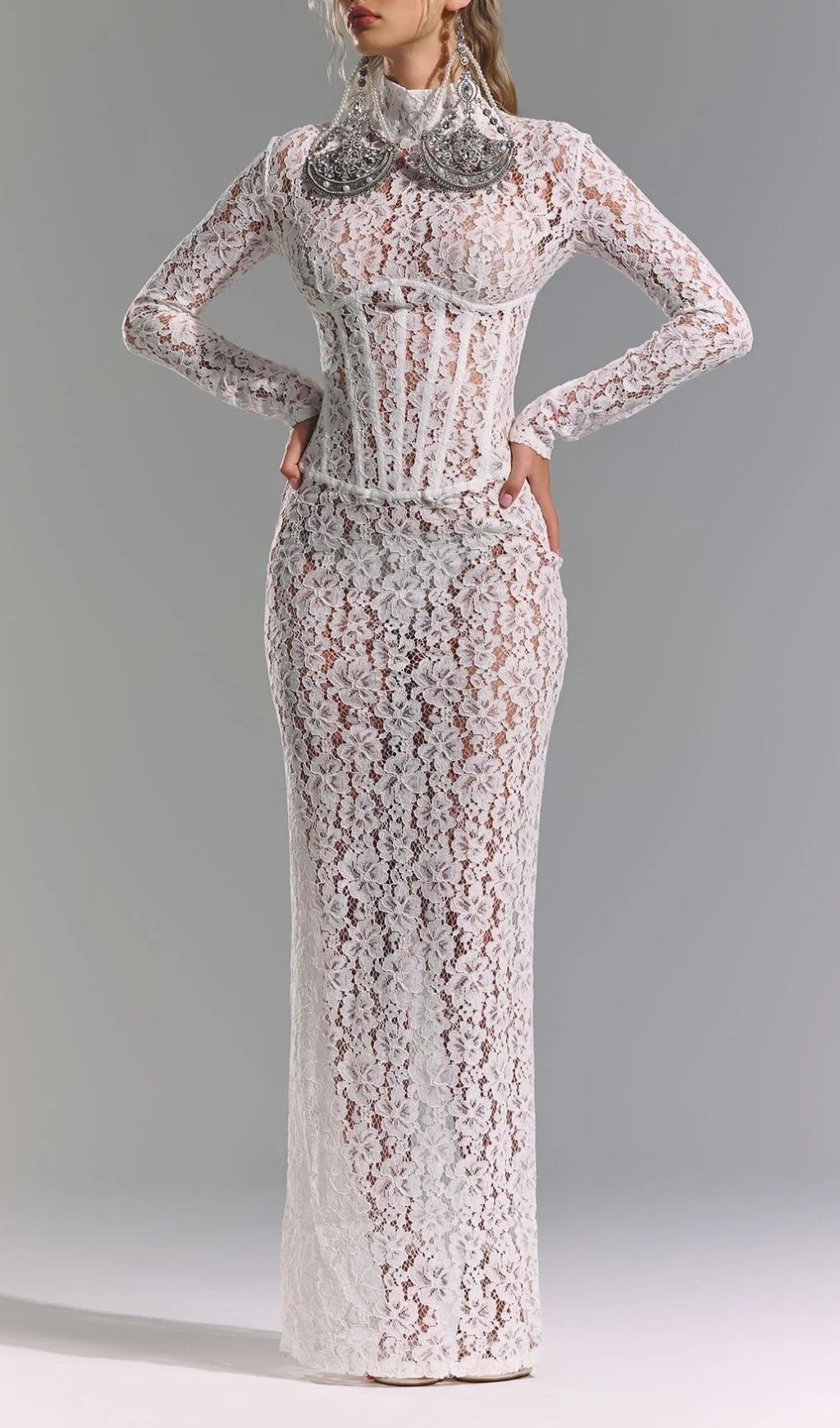 Isolde White Floral Lace Corset Maxi Dress - Ethereal Elegance for Weddings & Galas