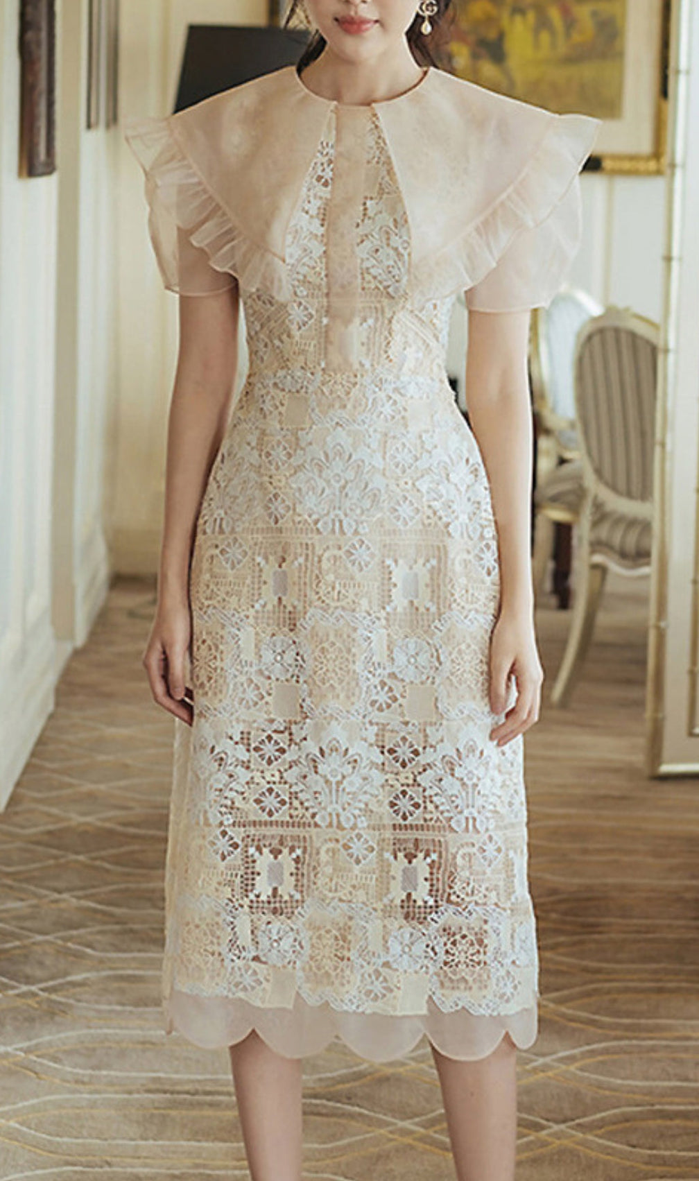 Arabesque Embroidery Ruffle Midi Dress
