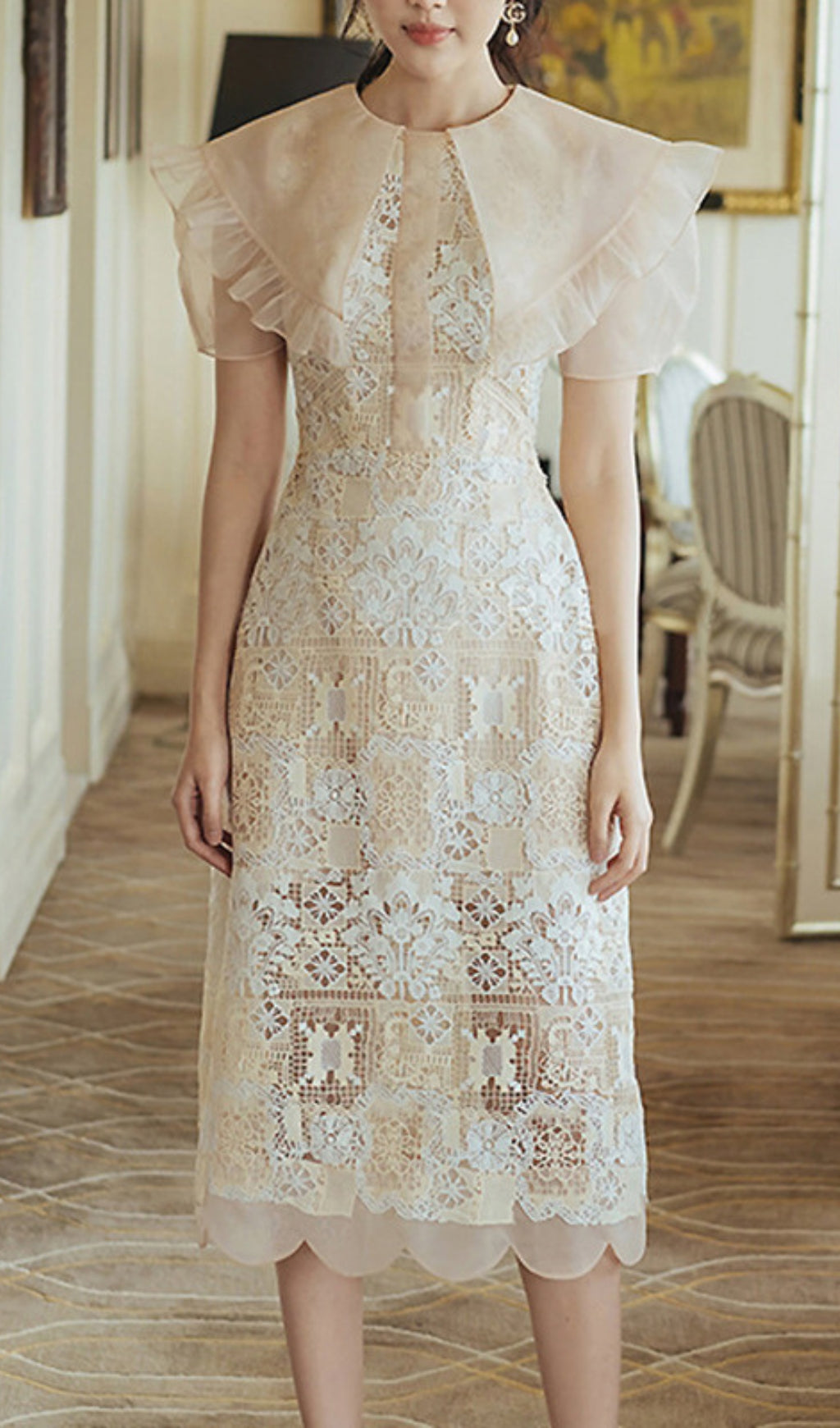Arabesque Embroidery Ruffle Midi Dress