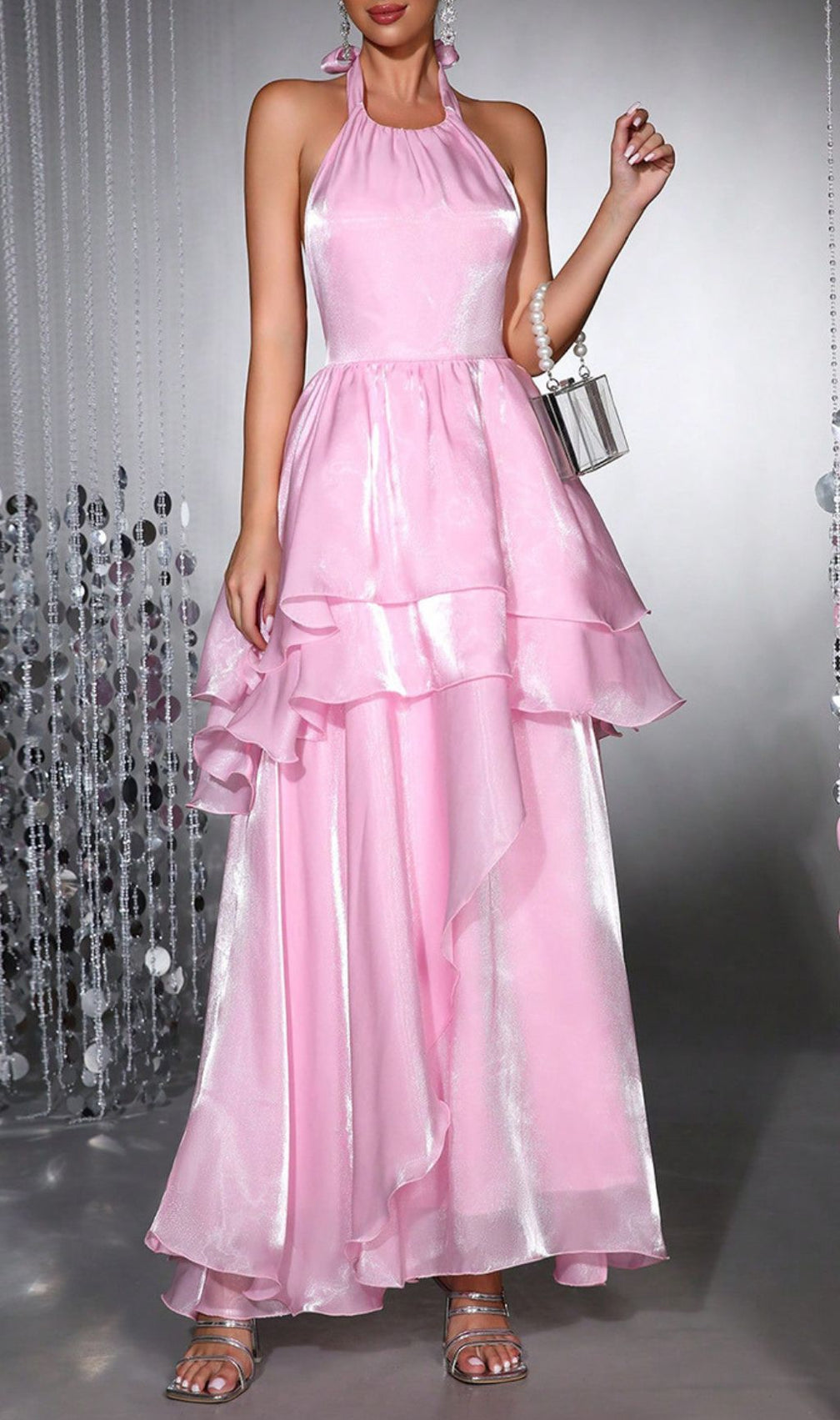 Haloke Shimmer Pink Halter Tiered Ruffle Maxi Dress - Elegant Occasion Gown