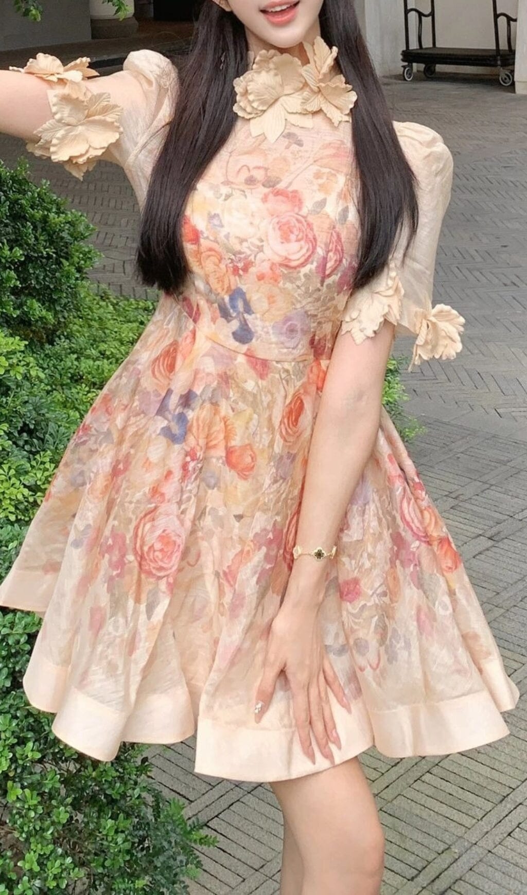 Beige Printed Flower Mini Dress