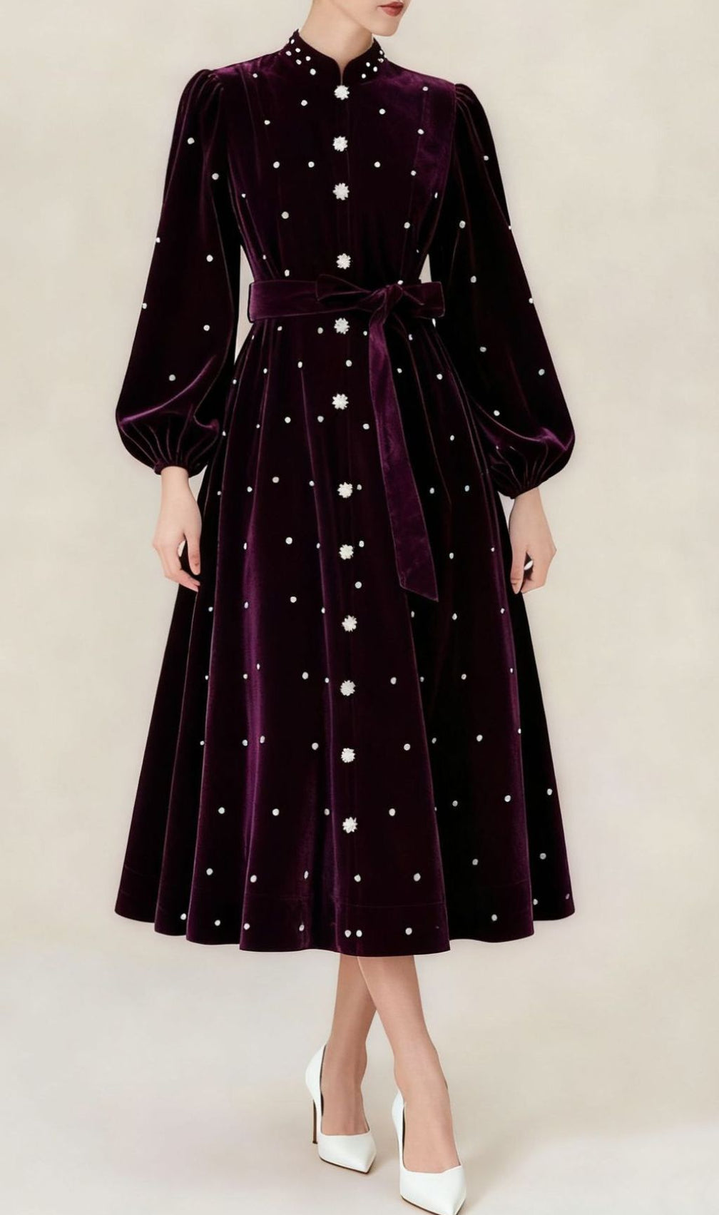 Iwalani Velvet Embellished Midi Dress - Long Sleeve Holiday Party Gown