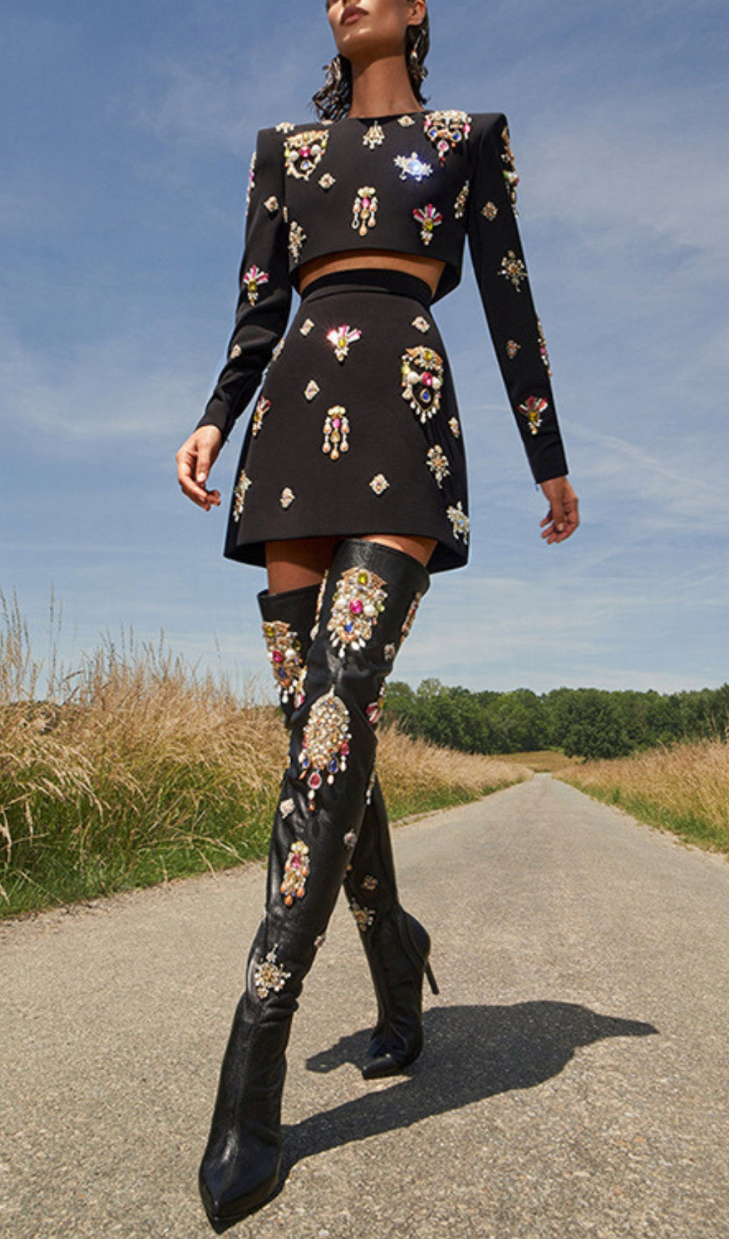 Austine Black Rhinestone Embellished Skirt Set