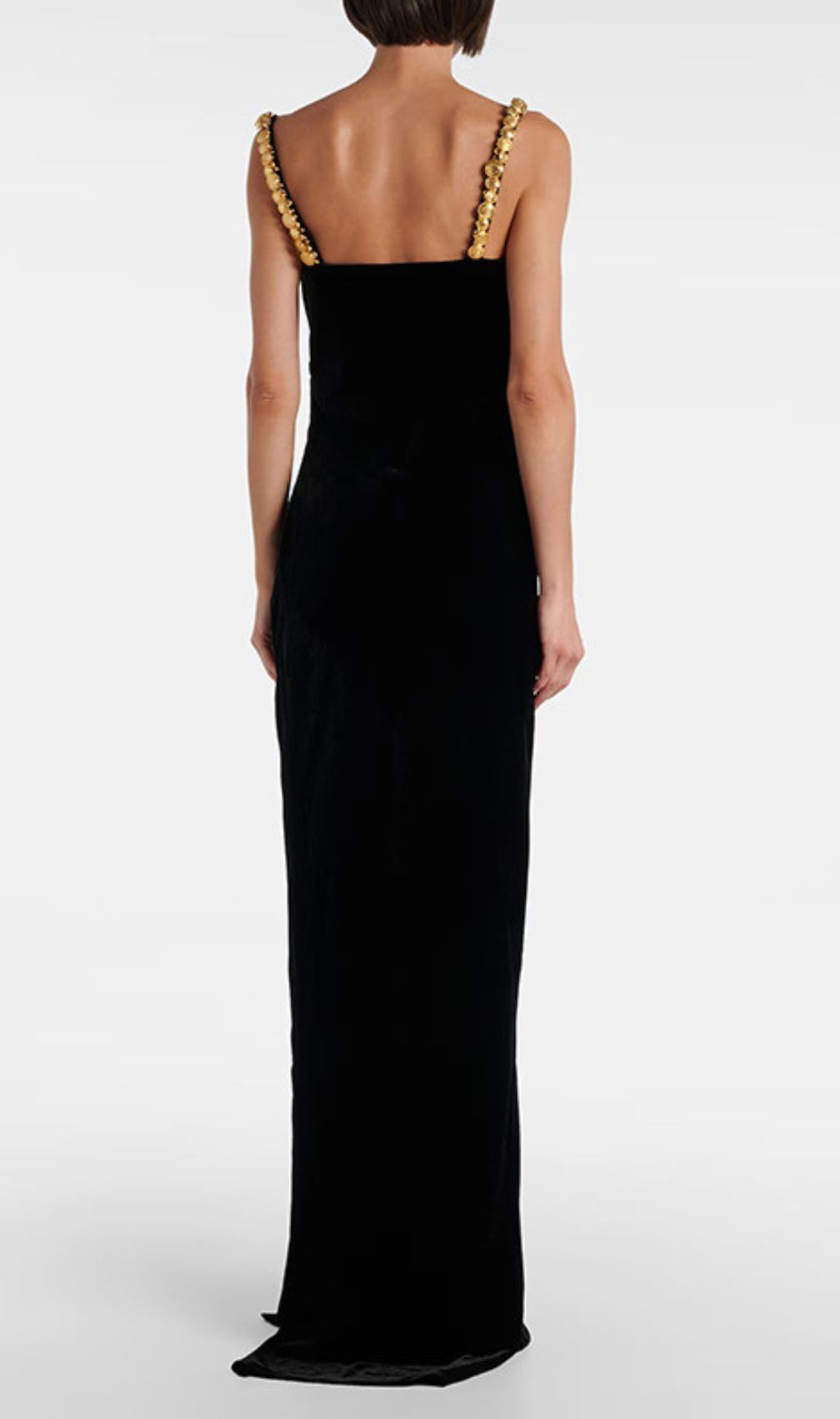 Opulent Black Velvet Maxi Dress with Draped Bodice & Gold Chain Straps