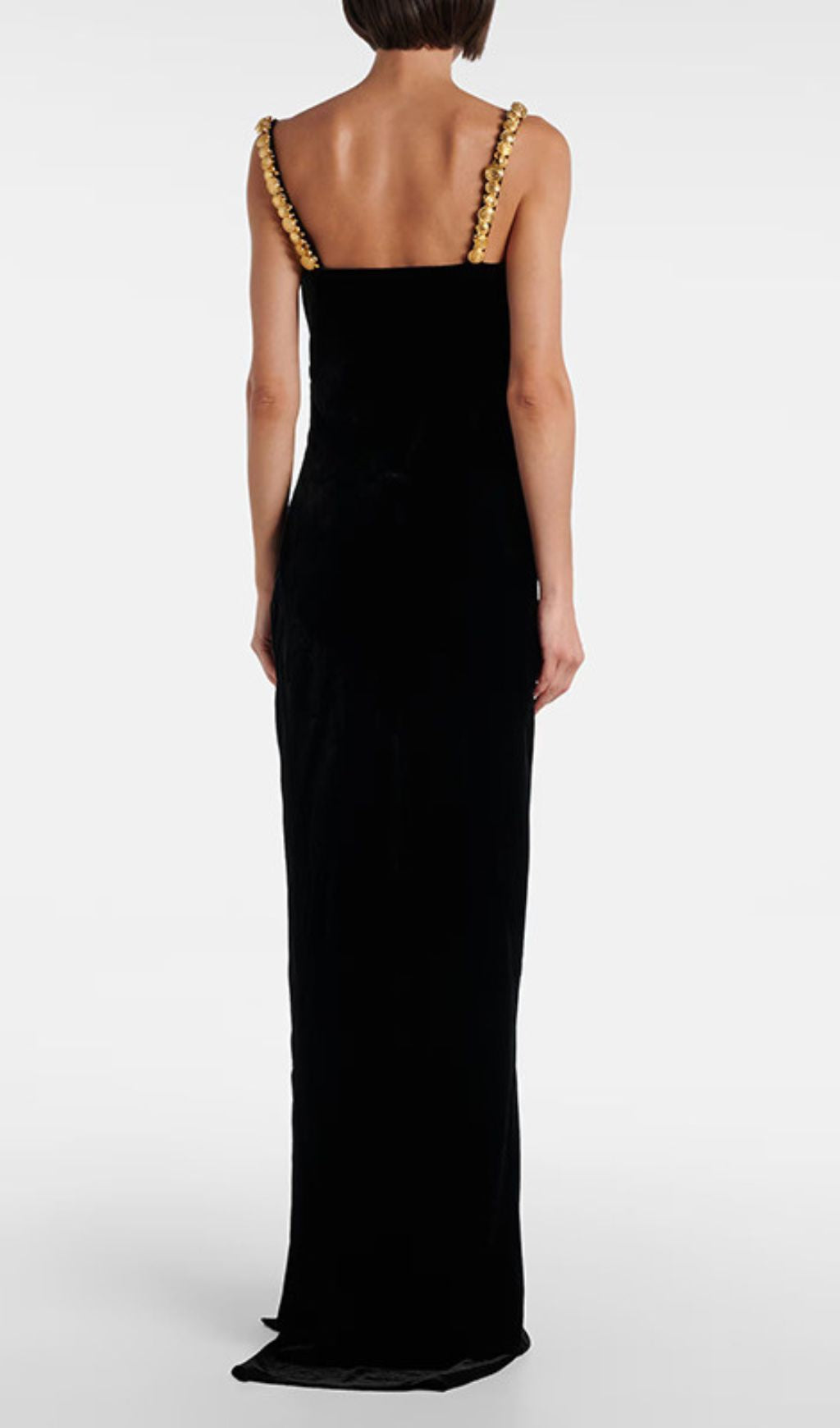 Opulent Black Velvet Maxi Dress with Draped Bodice & Gold Chain Straps
