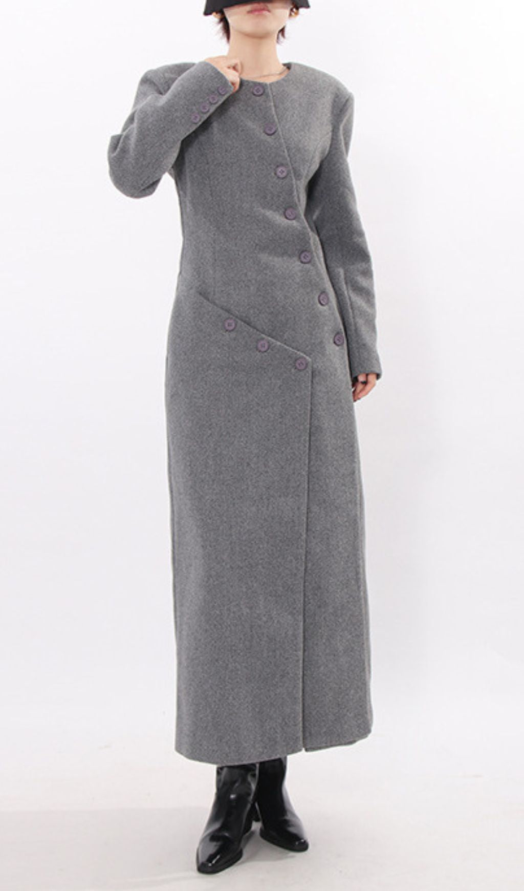 Iekika Elegant Grey Maxi Coat - Chic Asymmetrical Purple Button Outerwear for Women
