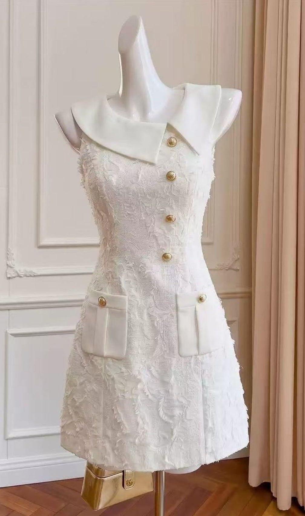 Kikuye Textured Mini Dress: Sleeveless, Chic Collar & Gold Buttons