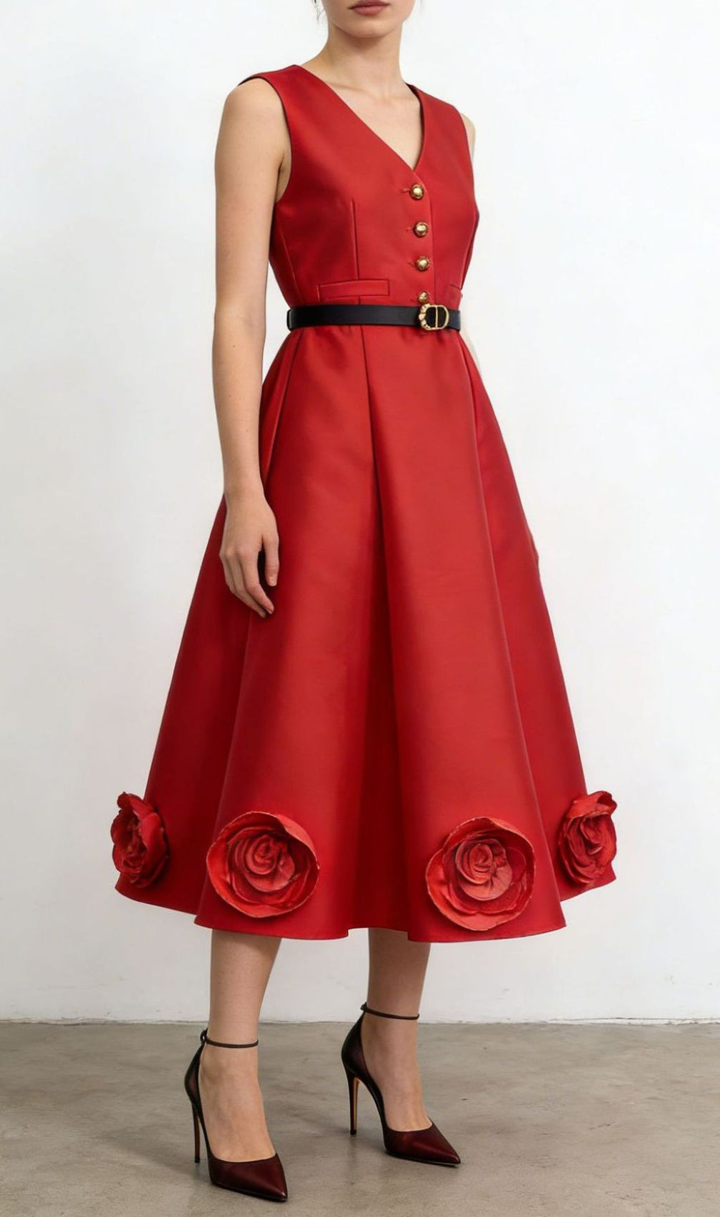 Jalisa Elegant Blush Pink Sleeveless Midi Dress with 3D Rose Hem