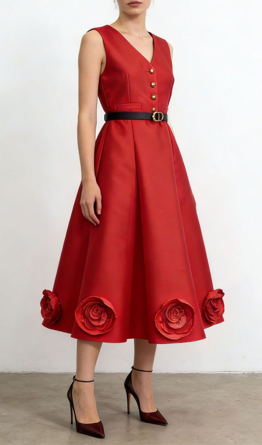 Jalisa Elegant Blush Pink Sleeveless Midi Dress with 3D Rose Hem